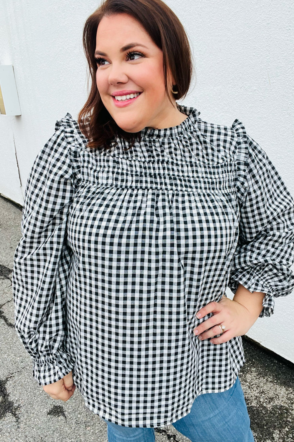 Stylish Black Gingham Shirred Yoke Mock Neck Frilled Top for Women | Vintage-Inspired Blouse for Casual Outfits & Date Nights