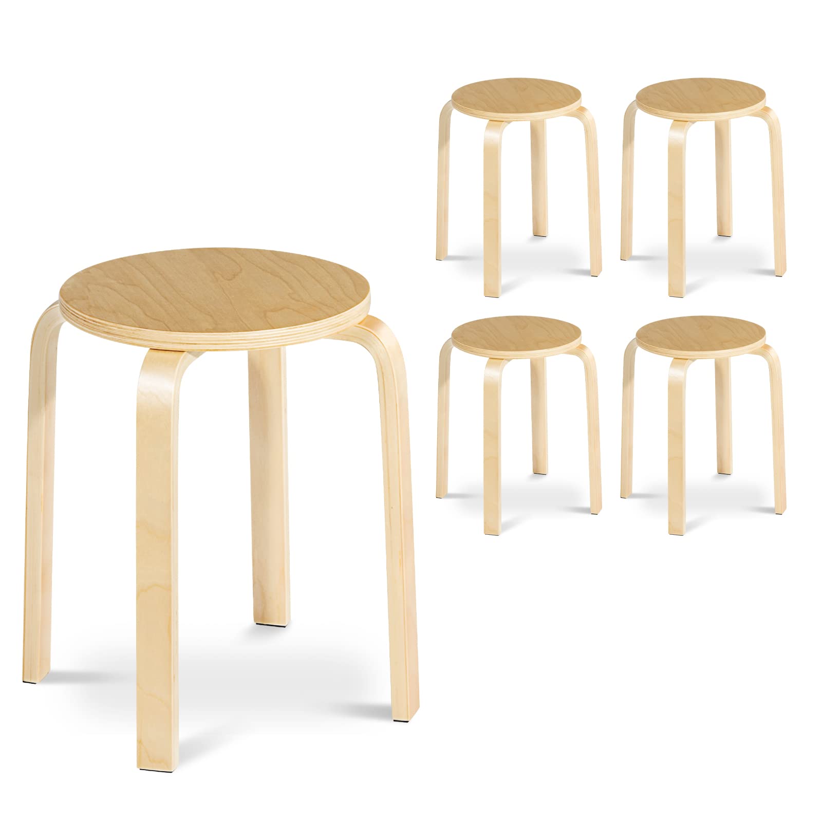 Julimoon 18 Inch Bentwood Round Stools - Set of 4 Stackable Backless Wood Bar Chairs with Round Top & Bottom Felt Pads for Dining Table, Kitchen Island, Living Room, Garden and Patio - Natural Wood Finish - Perfect for Home Decor, Entertaining Guests and Outdoor Relaxation