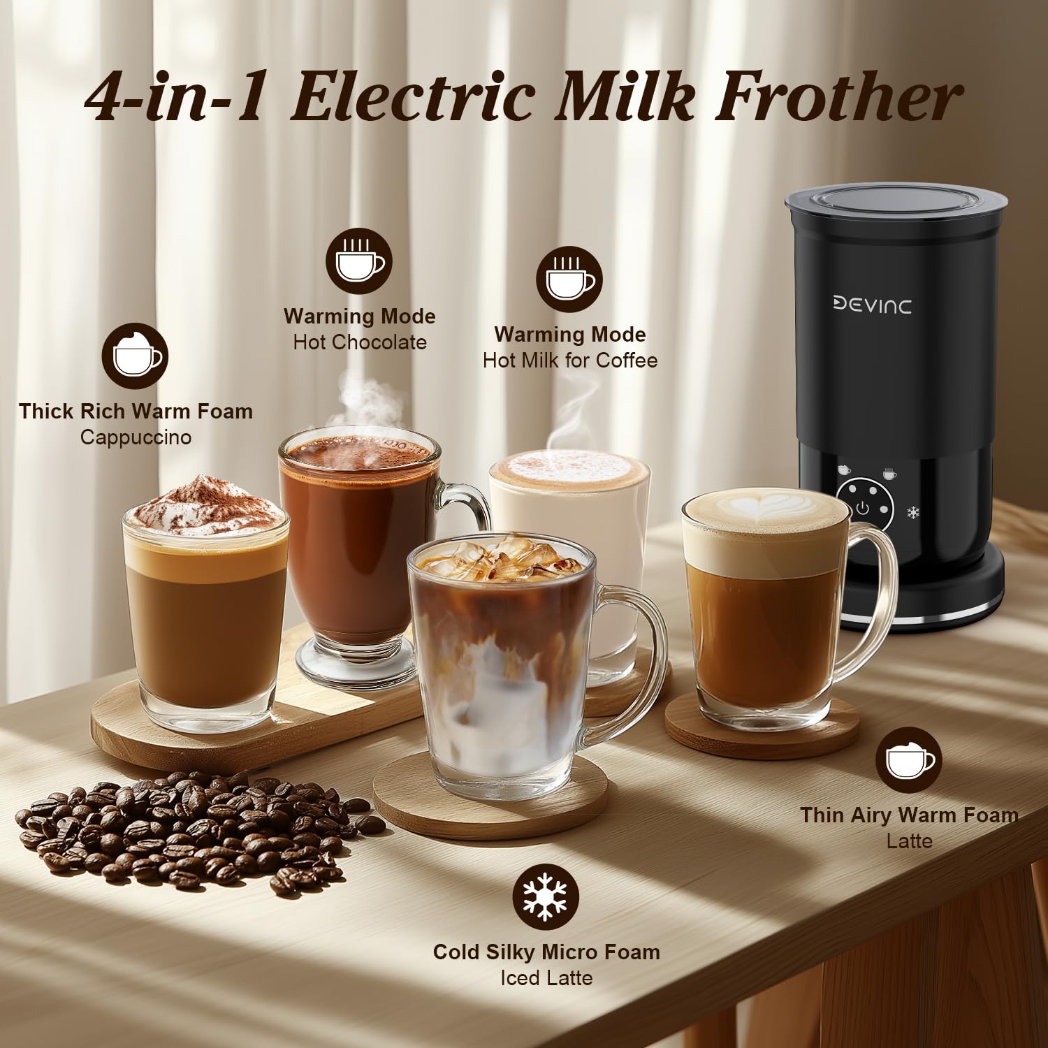 DEVINC 4-in-1 Electric Milk Frother and Steamer - Hot & Cold Foam Maker with Auto Shut-Off - Perfect for Coffee, Latte, Cappuccino, Matcha - Ideal for Home, Office, and Coffee Shop Use