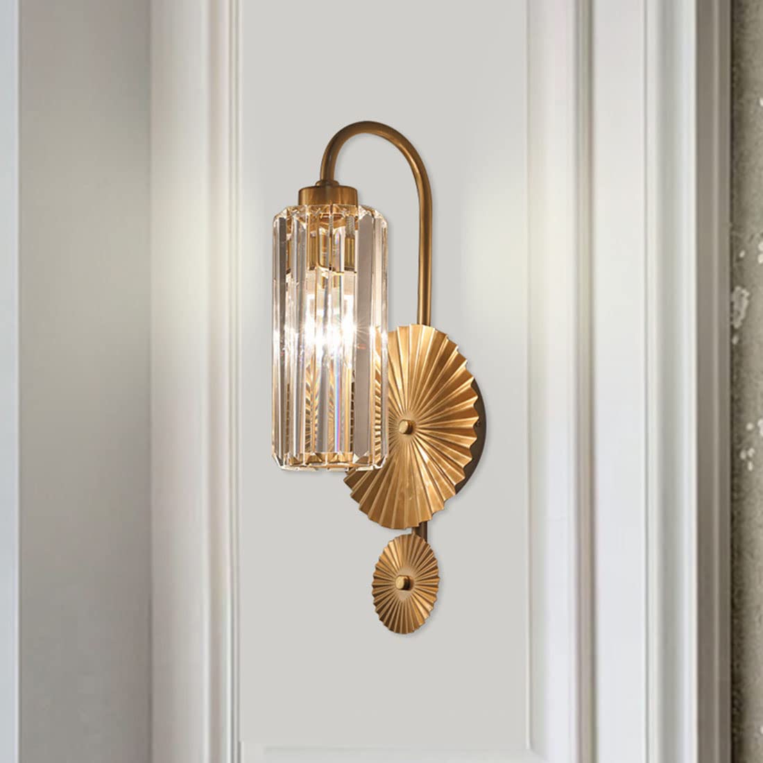 Gold Crystal Wall Sconces Set of 2 - Modern LED Wall Lights with Crystal Glass Shades for Living Room, Bedroom, Hallway & Kitchen - Elegant Home Decor Lighting for Ambient & Accent Illumination