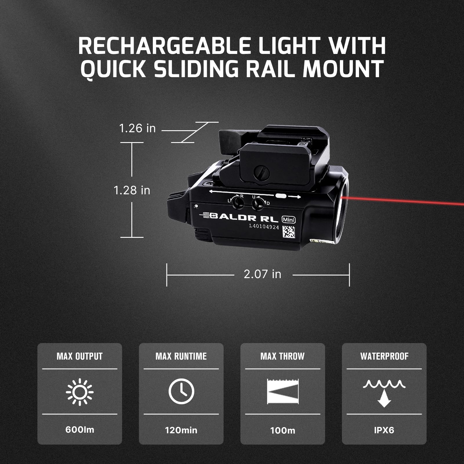 OLIGHT Baldr RL Mini 600 Lumens Compact Rail Mounted Tactical Flashlight - Red & White LED Combo, Magnetic USB Rechargeable, Fits 1913/GL Rails - Perfect for Home Defense, Hunting & Tactical Operations