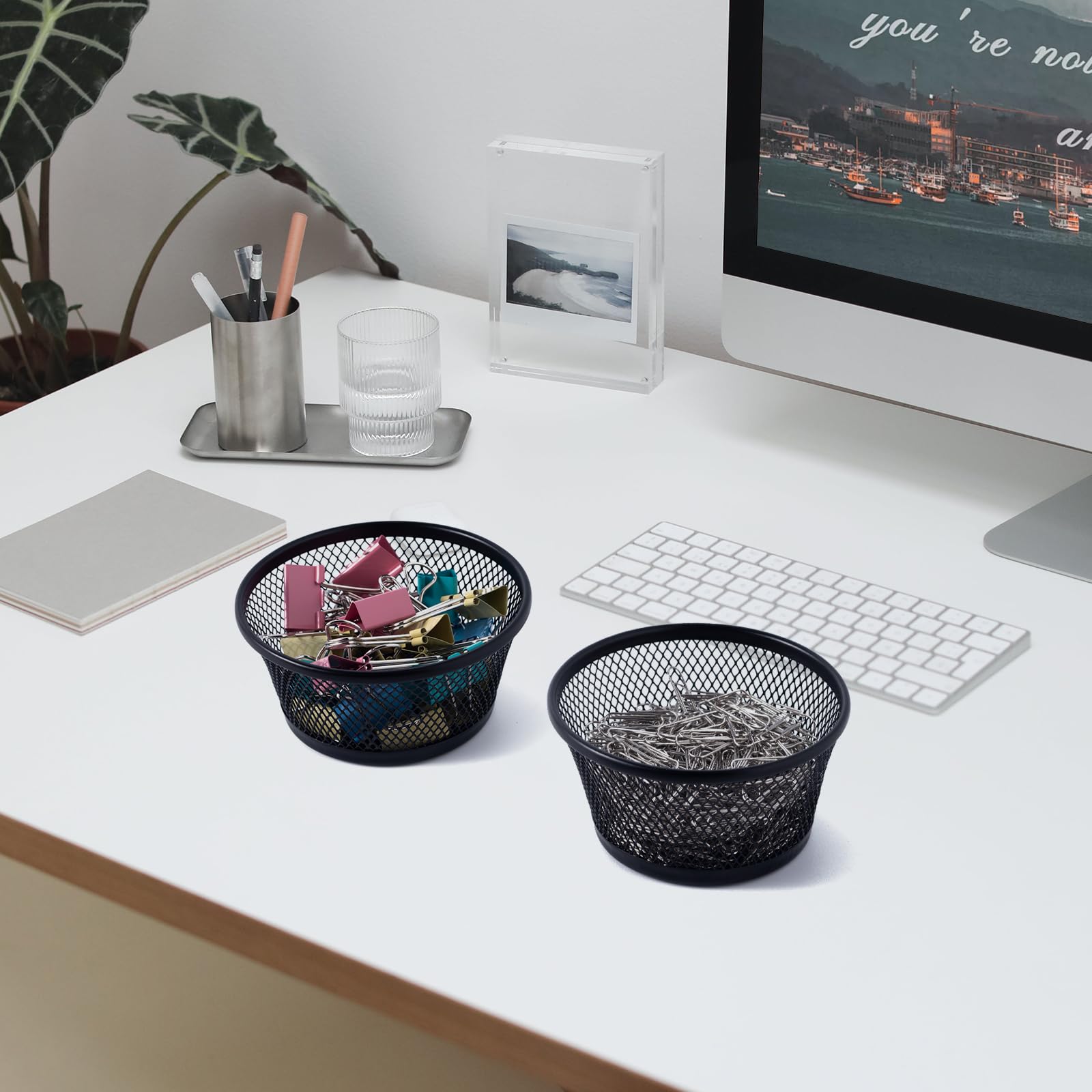 SLSON 6-Pack Black Wire Mesh Paper Clip Holder - Round Desktop Organizer for Office Supplies, Paperclips & Small Accessories | Perfect for Desk Organization & School Stationery Storage