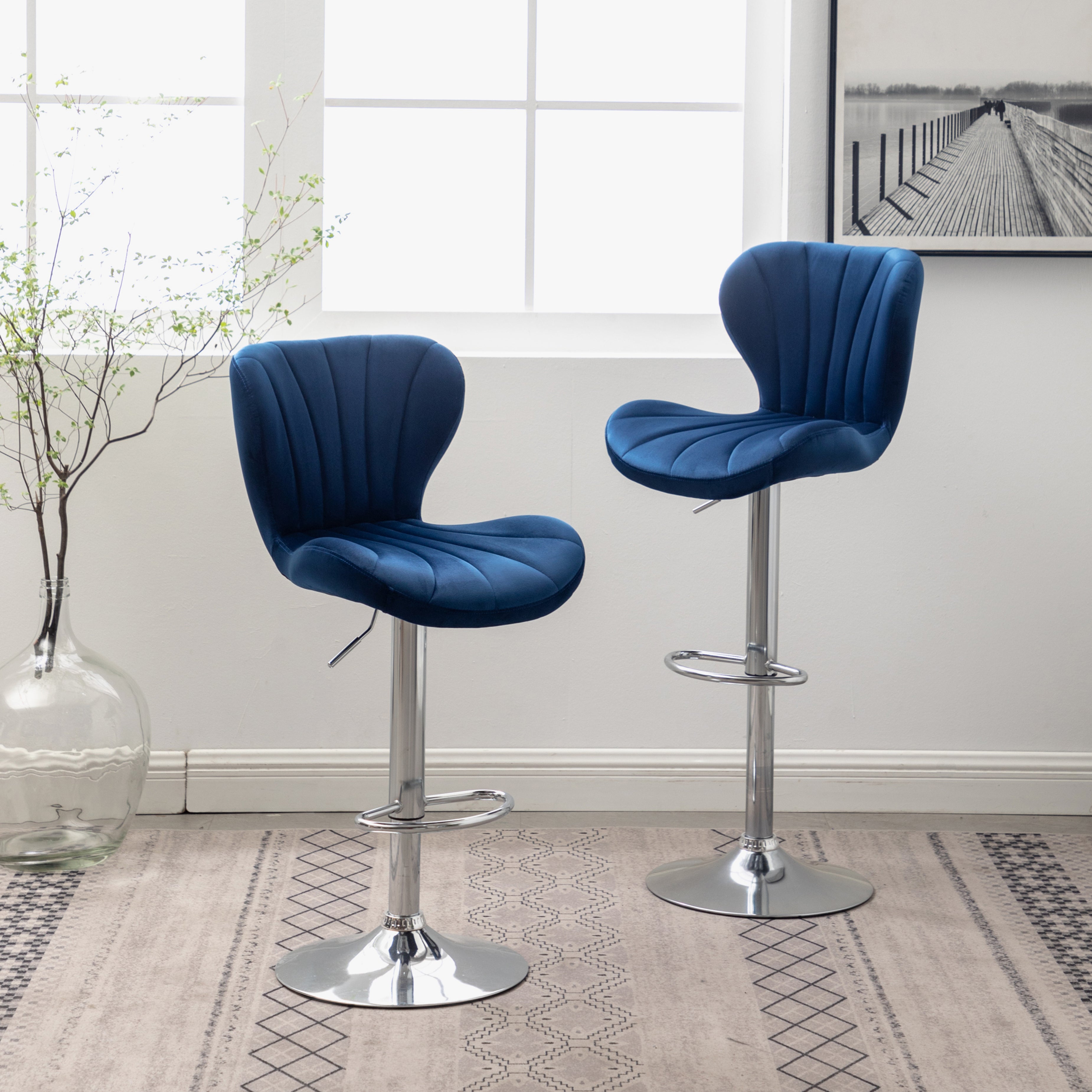Roundhill Furniture Ellston Blue Upholstered Adjustable Swivel Bar Stools - Set of 2 for Kitchen Island, Breakfast Nook & Home Bar Styling