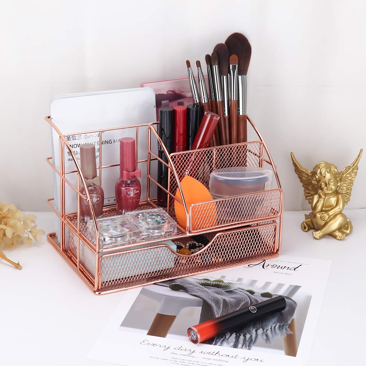 Premium Rose Gold Metal Desk Organizer - All-in-One Office Supplies with Drawer, Pen Holder, Sticky Note & Mail Sorter - Perfect for Home Office, Workspace & School Organization