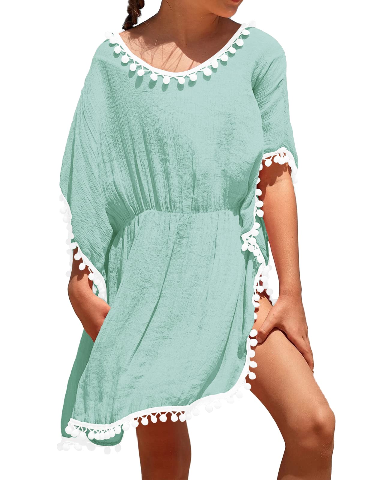Eurivicy Girls' Swim Cover Up - Cute Kids Summer Swimwear Beach Dress with Pom Pom Trim - Perfect for Pool, Beach & Vacation Outfits
