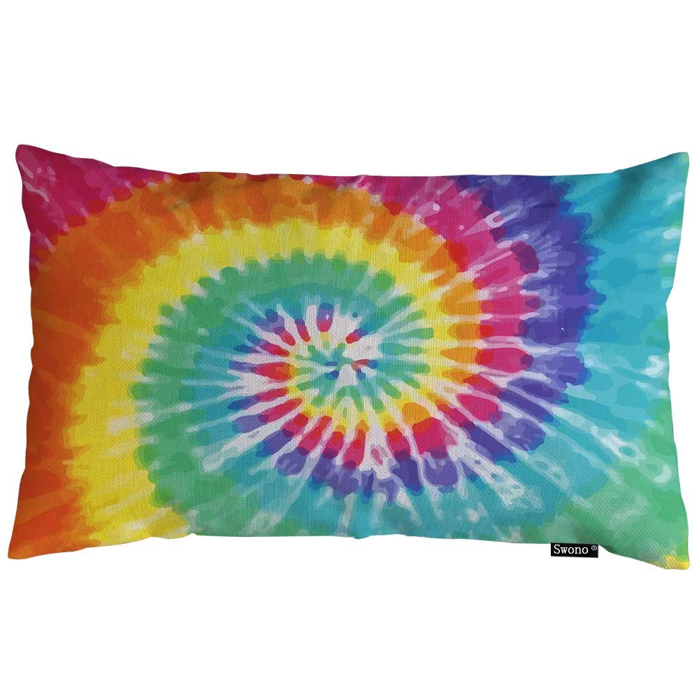 Swono Tie Dye Pillow Cover 12x20 Inches - Colorful Cotton Linen Decorative Cushion Case for Sofa, Bed & Couch - Boho Home Decor Accent for Living Room, Bedroom & Dorm