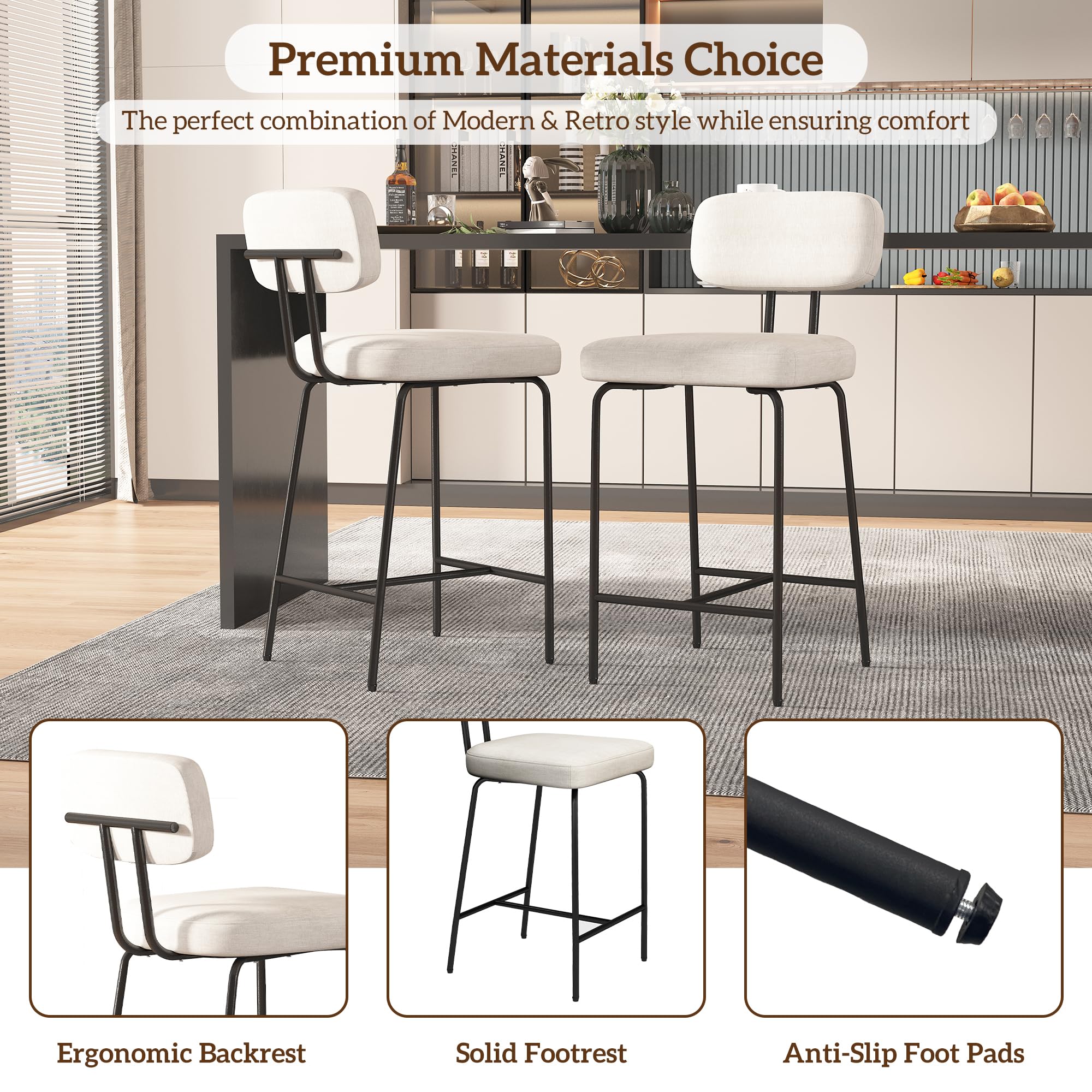 Set of 2 White Fabric Counter Height Bar Stools 26
