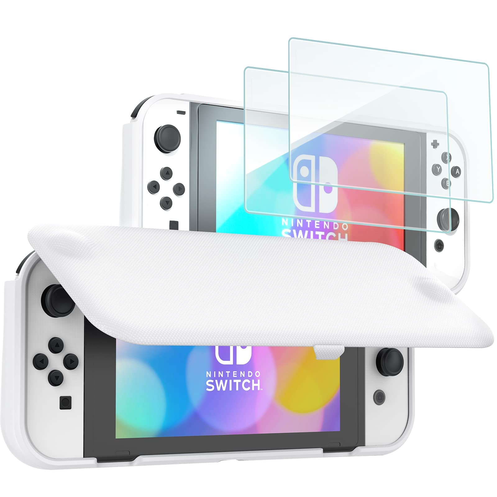 ProCase Nintendo Switch OLED Flip Cover Case with 2 Pack Tempered Glass Screen Protectors - Protective Bundle for Nintendo Switch OLED & Regular Switch Models - Perfect for Travel, Gaming On-The-Go & Console Protection