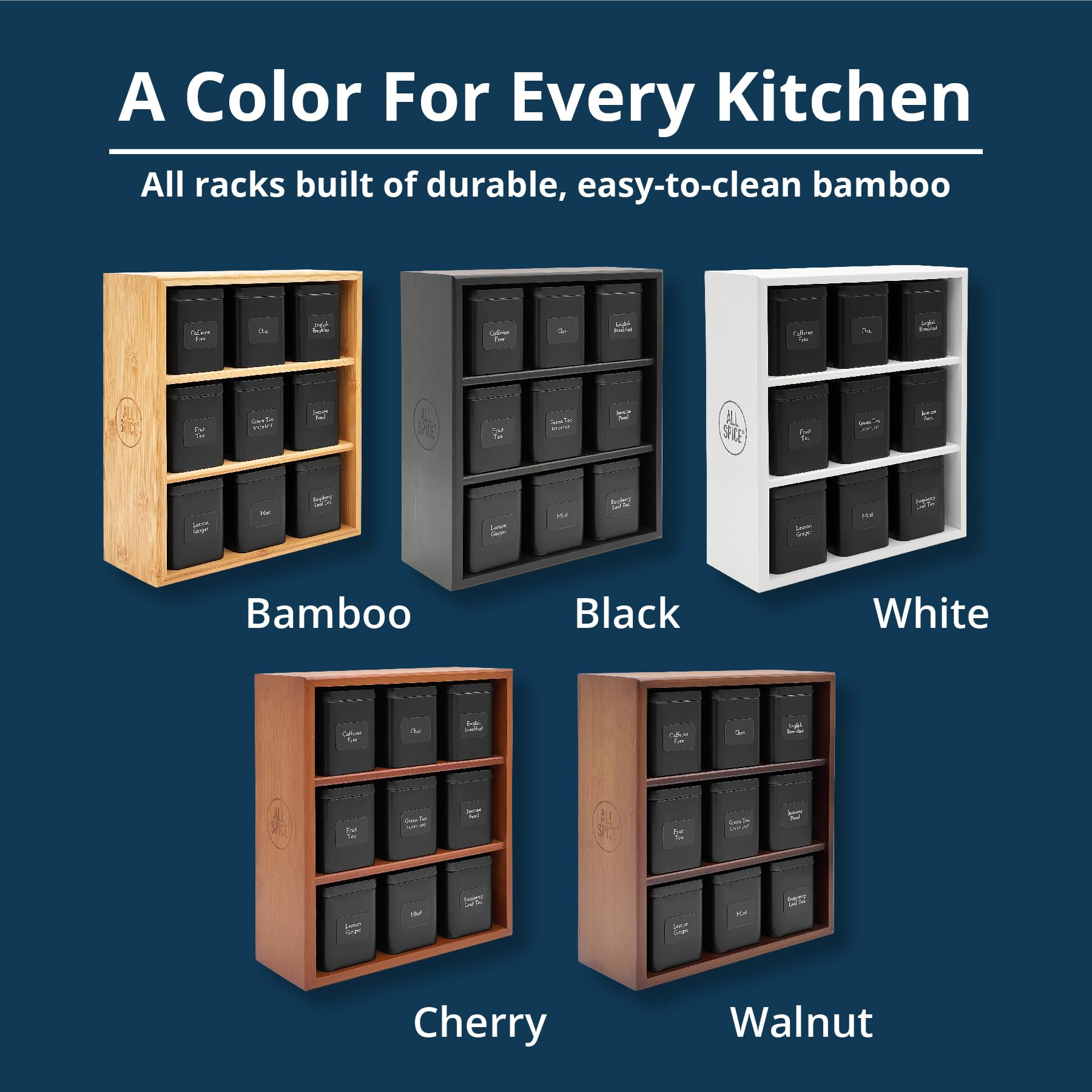 Premium AllSpice Tea Organizer Rack with 9 Airtight Tins & 160 Magnetic Labels – Perfect for Bagged & Loose Leaf Tea Storage – White – Ideal for Kitchen Countertops, Pantry Organization & Tea Lover Gifts