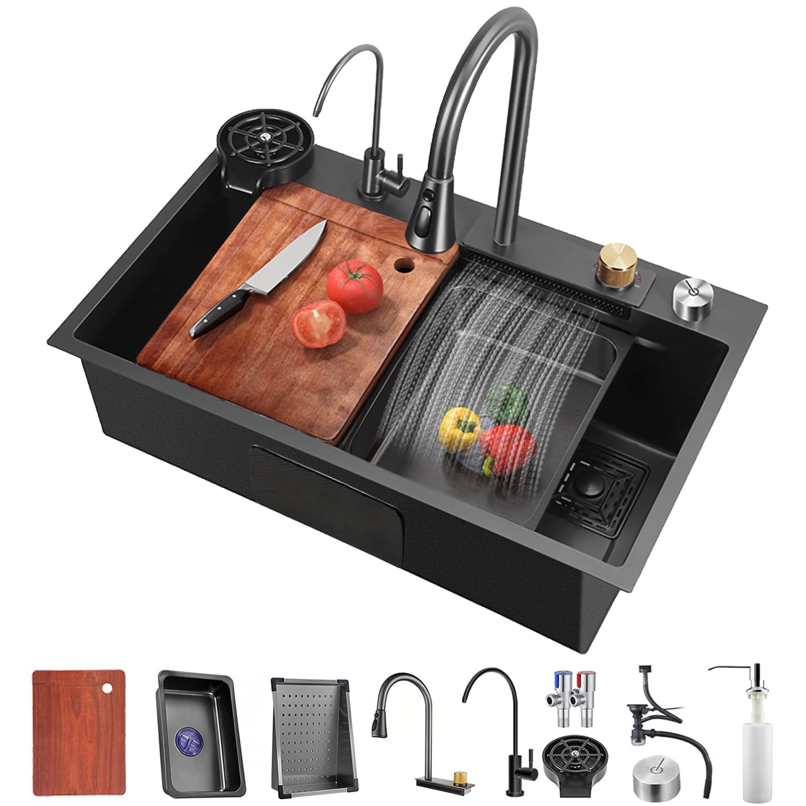 Boliball 26.8x17.7 Inch Drop-in Single Bowl Stainless Steel Kitchen Sink with Pull-out Faucet & Accessories - Waterfall Design for Modern Kitchens, Easy Cleaning & Dishwashing