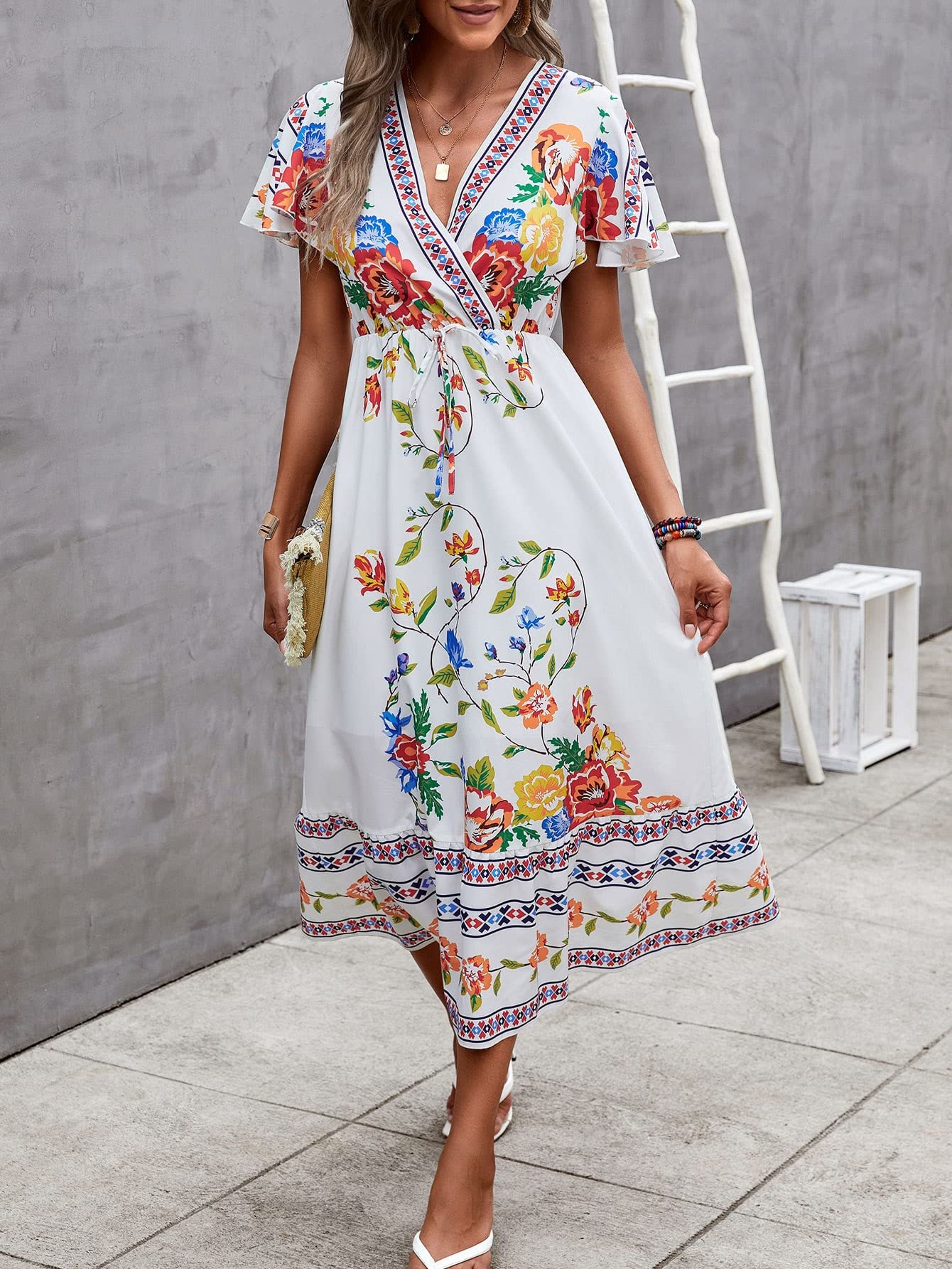 Floral Print Summer Dresses for Women 2022 - Overlap Collar, Flutter Sleeve & Tie Front Casual Dress (White, X-Large) | Perfect for Beach Vacations, Date Nights & Summer Parties