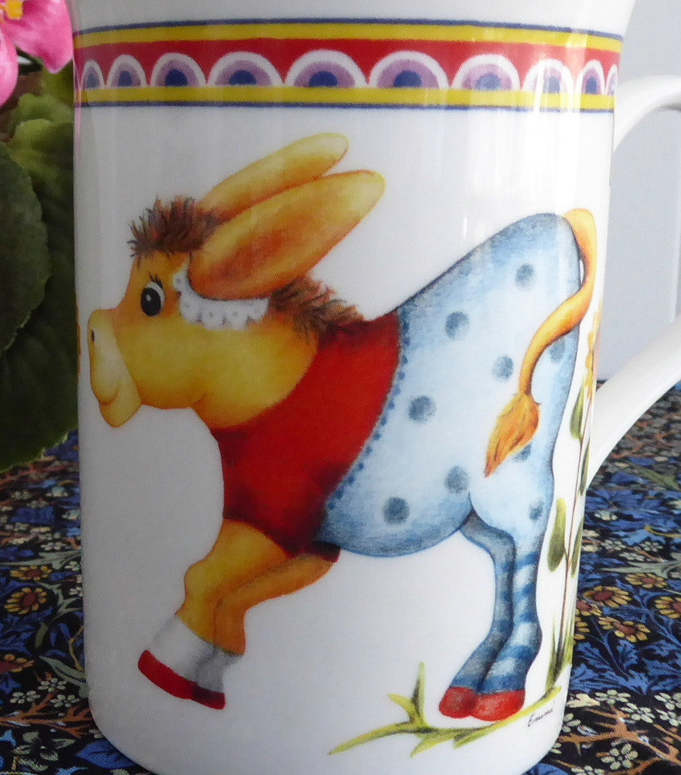 Vintage 1980s English Bone China Mug with Comical Donkeys in Clothes - Perfect for Tea, Coffee & Collectible Gift for Kids & Adults