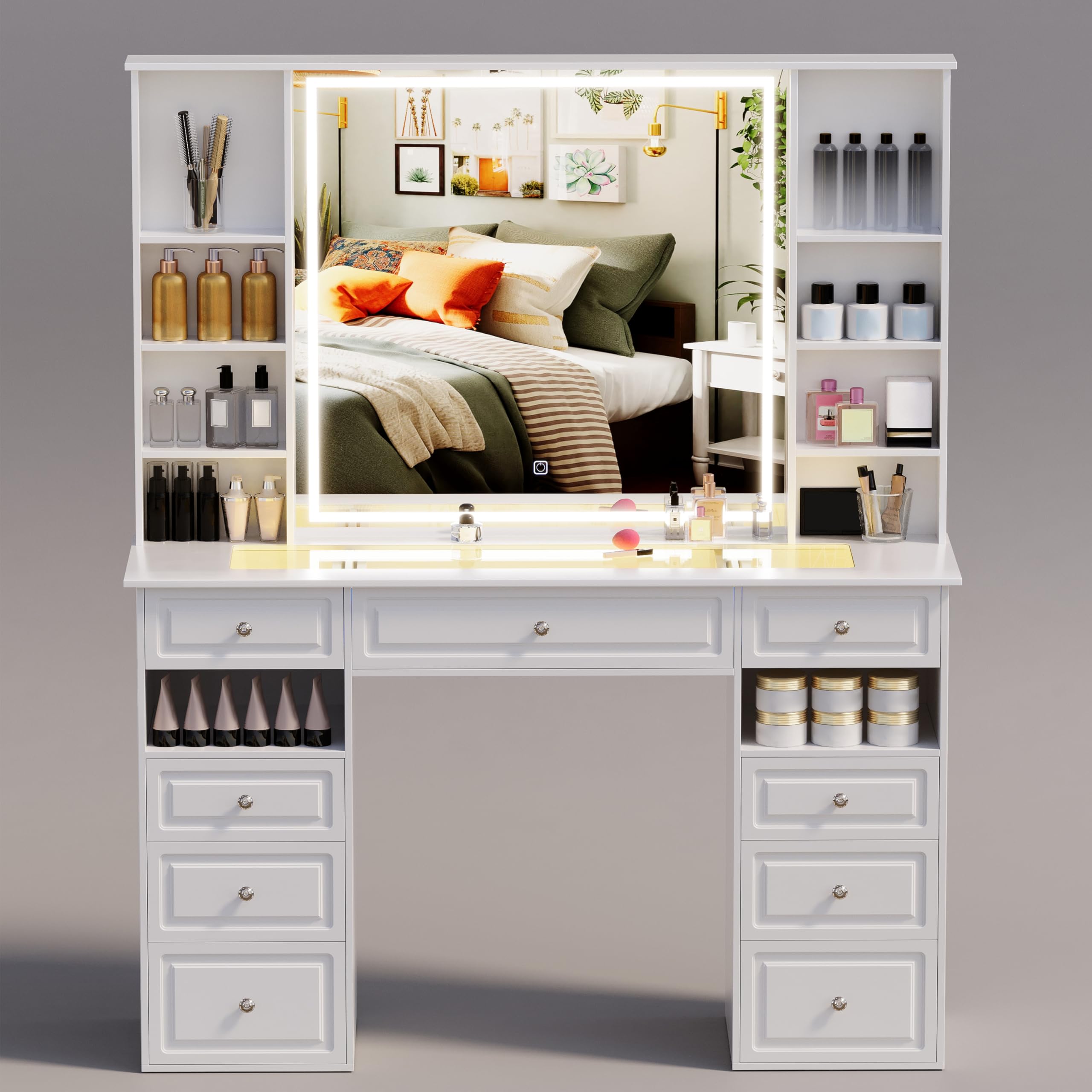 **Vanity Desk with Mirror and Lights - Glass Top Dressing Table with 9 Drawers, European Style Makeup Vanity, Crystal Ball Knobs, White & Glass Top - Perfect for Bedroom, Dressing Room, and Makeup Studio**