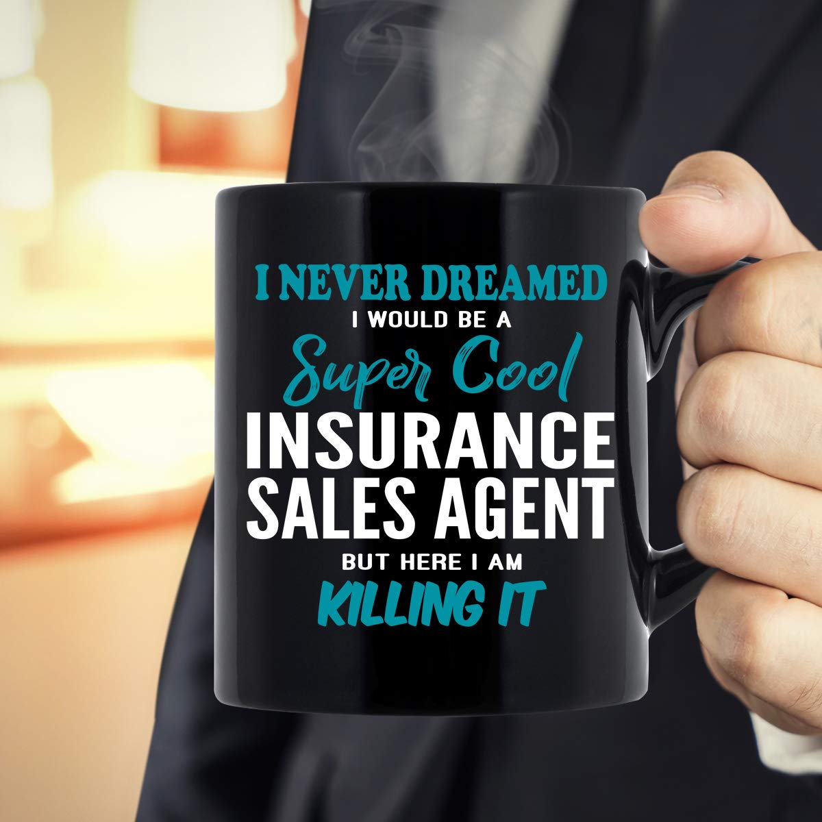 Funny Insurance Sales Agent Coffee Mug - 11 oz Black Ceramic Cup | 'I Never Dreamed I'd Be An Insurance Agent But Here I Am Killing It' | Perfect Gift for Insurance Professionals, Coworkers, Men & Women | Great for Office Use, Coffee Breaks & Secret Santa Gifts