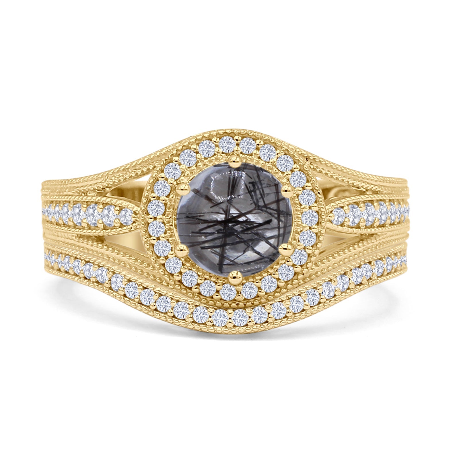 14K Yellow Gold Two Piece Round Halo Split Shank Curved Contour Band Natural Rutilated Quartz Ring for Women - Elegant Wedding, Engagement, Anniversary Jewelry Gift - Perfect for Bridal, Evening Wear & Special Occasions