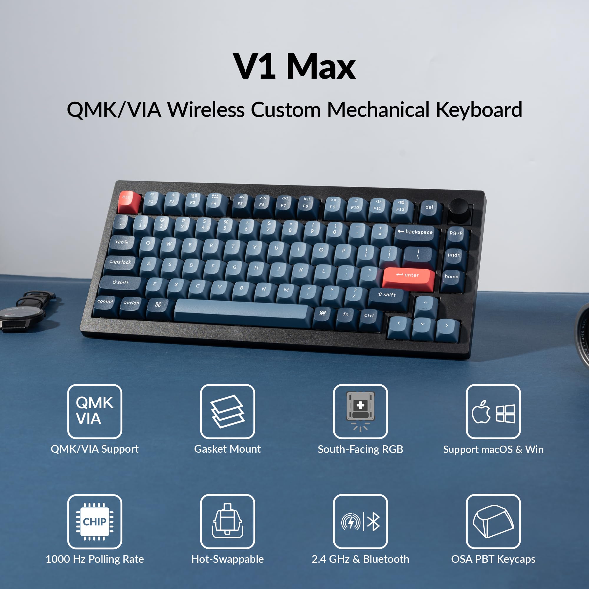 Keychron V1 Max 75% RGB Wireless Mechanical Keyboard - 2.4Ghz/Bluetooth 5.1/Wired, QMK/VIA Programmable, Hot-Swappable Gateron Jupiter Red Switch, Gasket Mount for Mac/Windows/Linux - Perfect for Gaming, Coding & Office Work