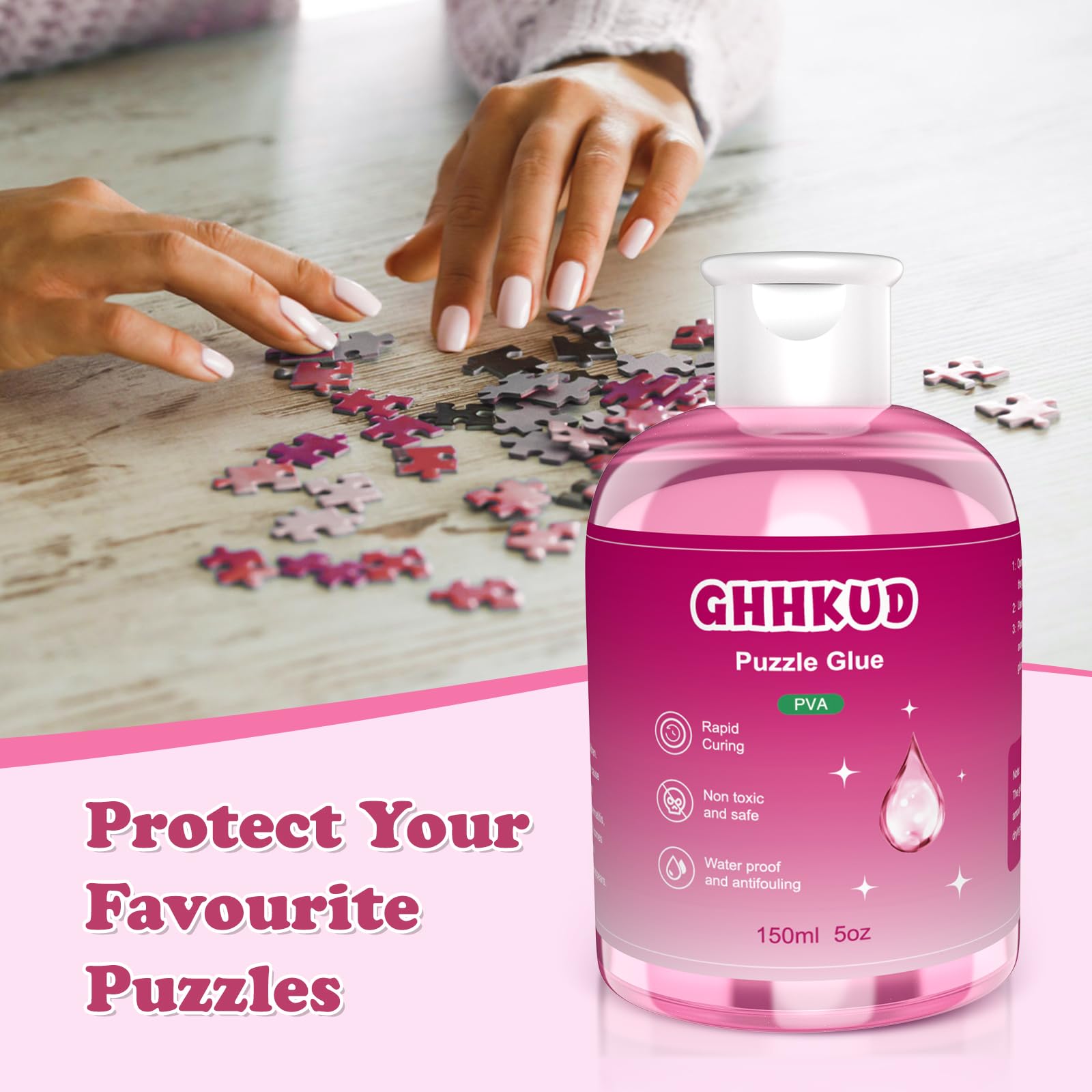 Premium 300ML Clear Jigsaw Puzzle Glue with Applicator Brushes - Non-Toxic Adhesive for Wood & Paper Puzzles (Pink) | Perfect for Preserving 1000+ Piece Puzzles, DIY Craft Projects & Family Game Nights