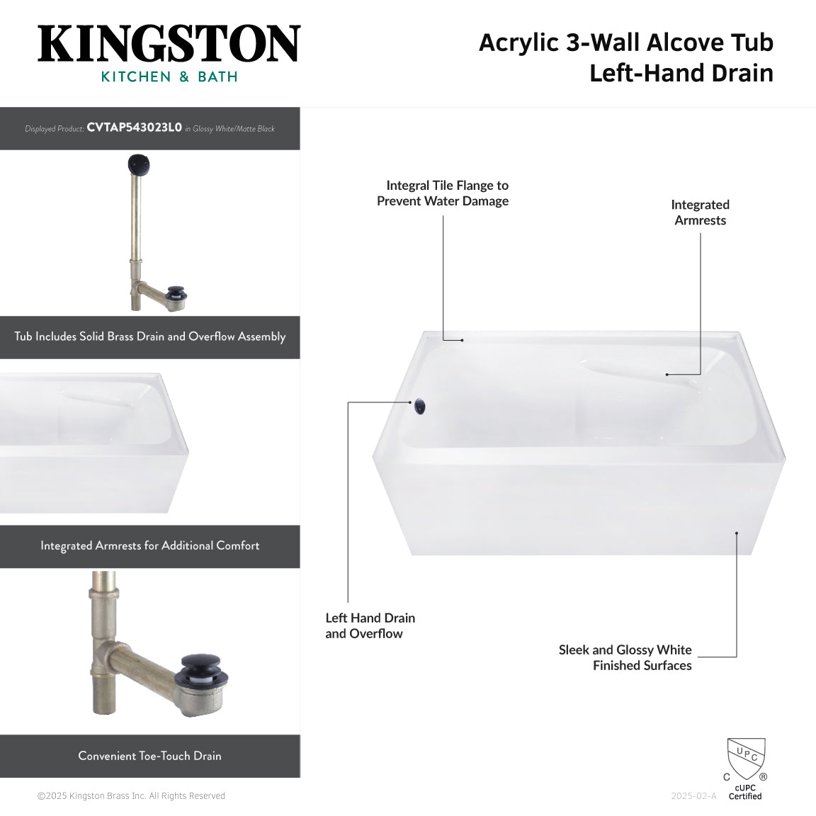 Aqua Eden 54 Inch Acrylic Rectangular 3 Wall Alcove Bathtub with Armrests - Left Hand Drain, Glossy White/Brushed Brass Finish - Perfect for Modern Bathroom Renovation and Spa-Like Relaxation