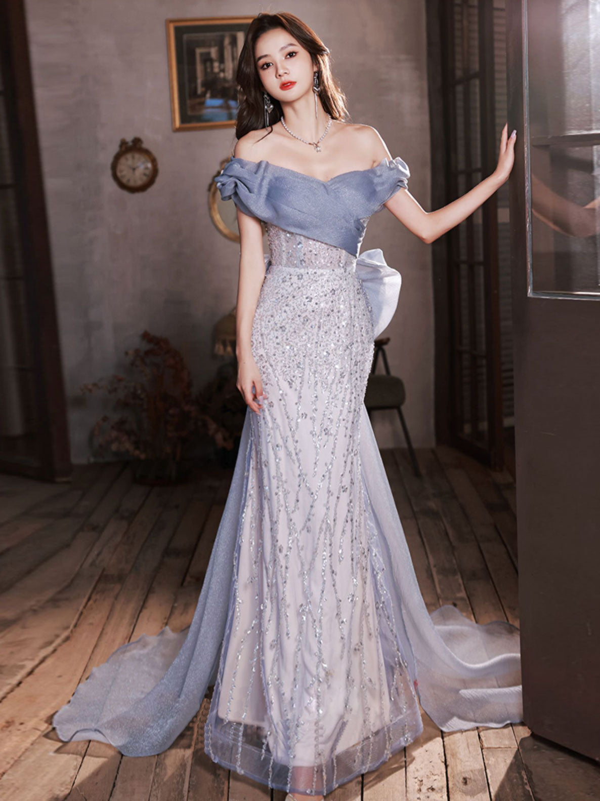 Elegant Blue Off Shoulder Tulle Sequin Mermaid Long Prom Dress for Women - Perfect for Formal Dances, Evening Gala & Special Occasions