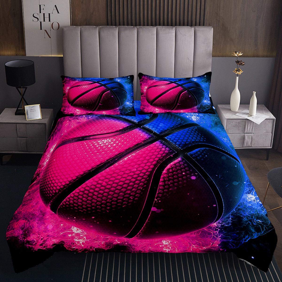 Kids Basketball Bedspread Set - King Size Sports Bedding with Pillowcases for Boys Room Decor | Basketball Theme Bed Cover for Game Nights