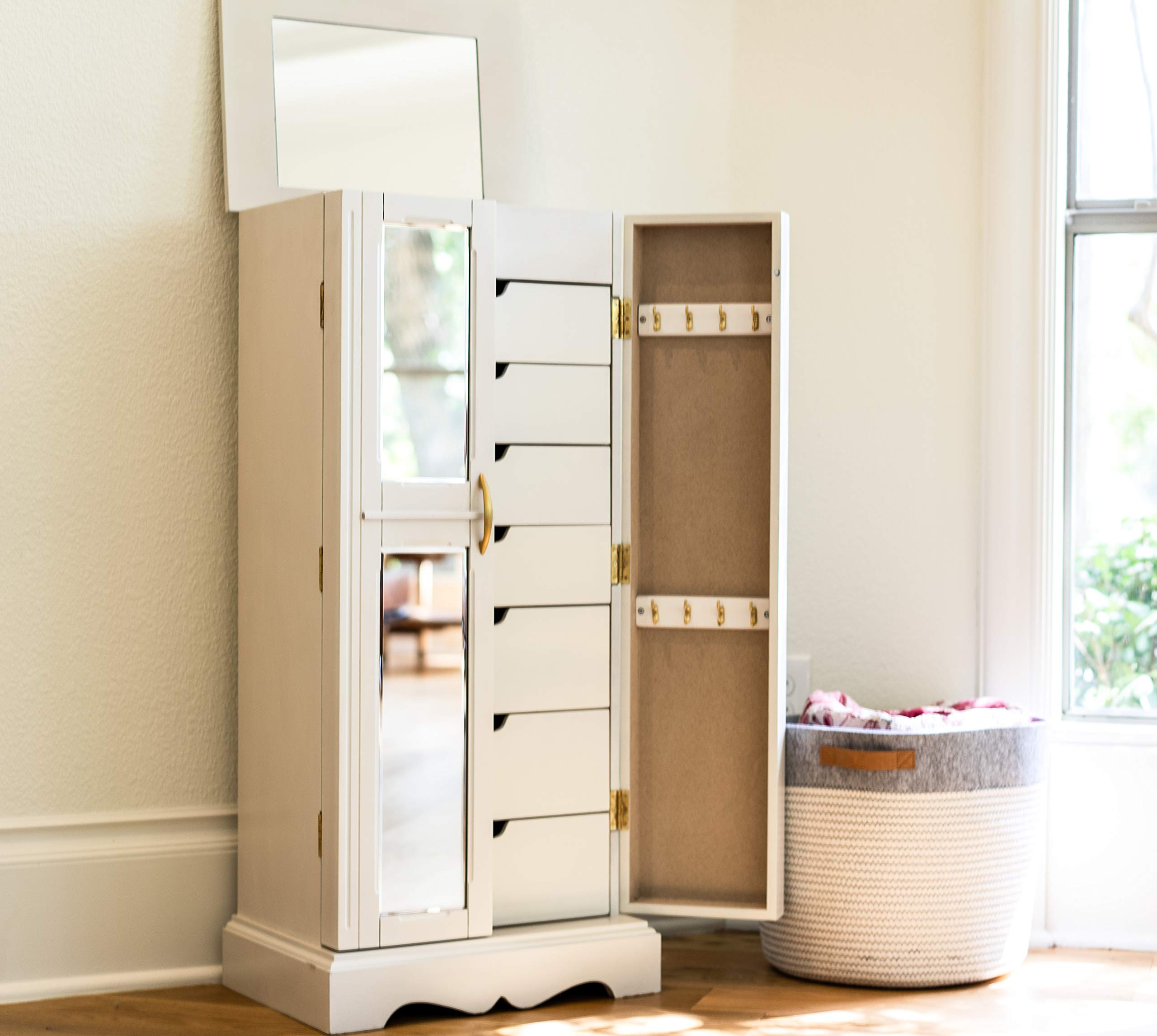 Hives & Honey Meadow Standing Jewelry Armoire Cabinet - White Jewelry Storage Organizer with Flip Mirror, 2 Doors & 7 Drawers for Necklaces, Earrings, Bracelets | Perfect for Bedroom, Closet & Dressing Room Organization