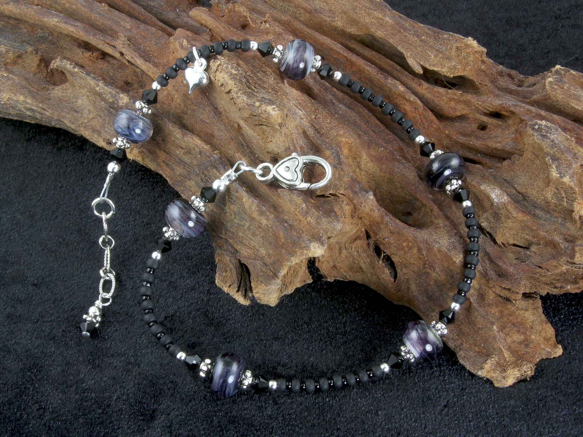 Handmade Black Swirls Lampwork Glass Beaded Anklet Bracelet - Boho Chic Ankle Jewelry for Women, Beach Vacation & Summer Festival Accessories