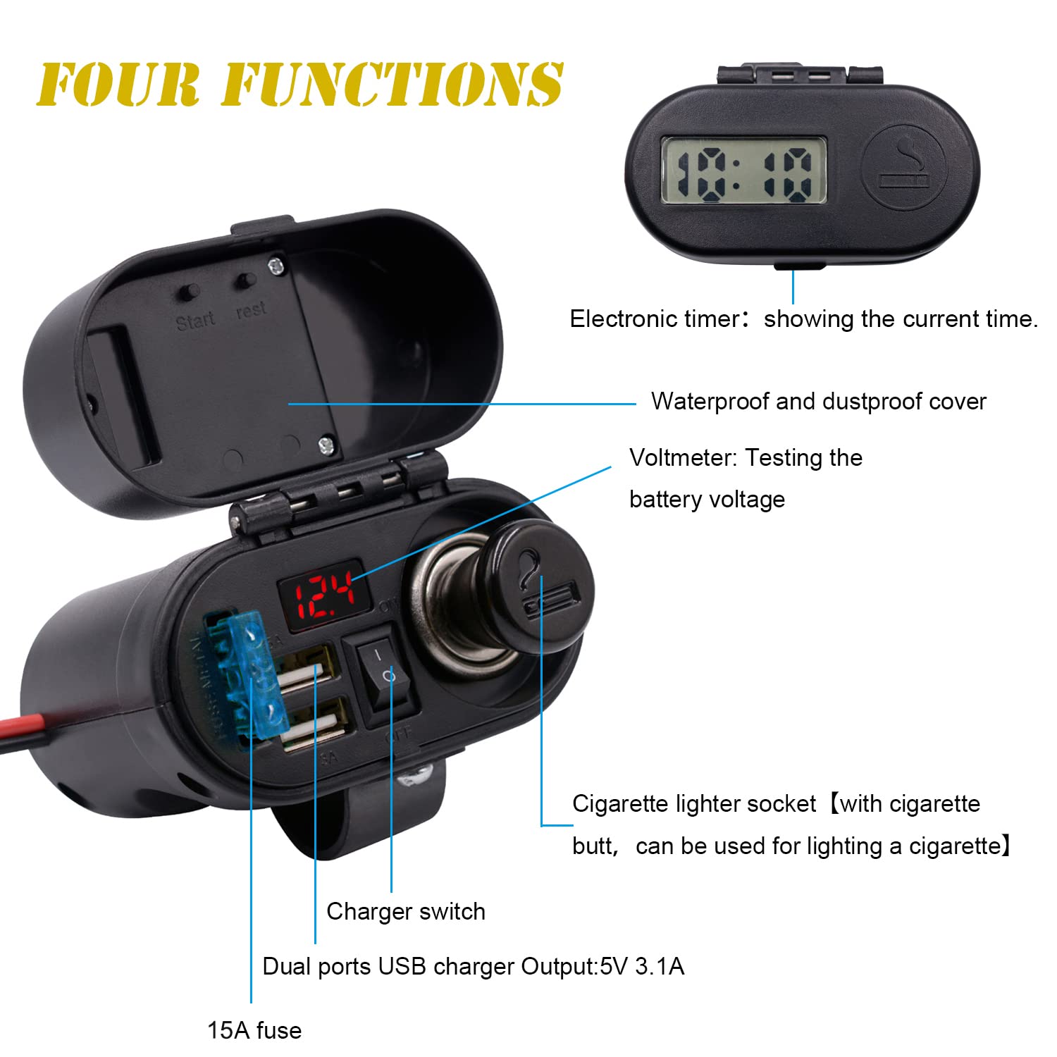 5V/3A Dual USB Charger Socket - Waterproof Motorcycle Handlebar & Rear View Mirror Mount - Cigarette Lighter Power Adapter with Voltmeter - Compatible with Phones, Tablets, GPS (Black) - Perfect for Long Rides & Outdoor Adventures