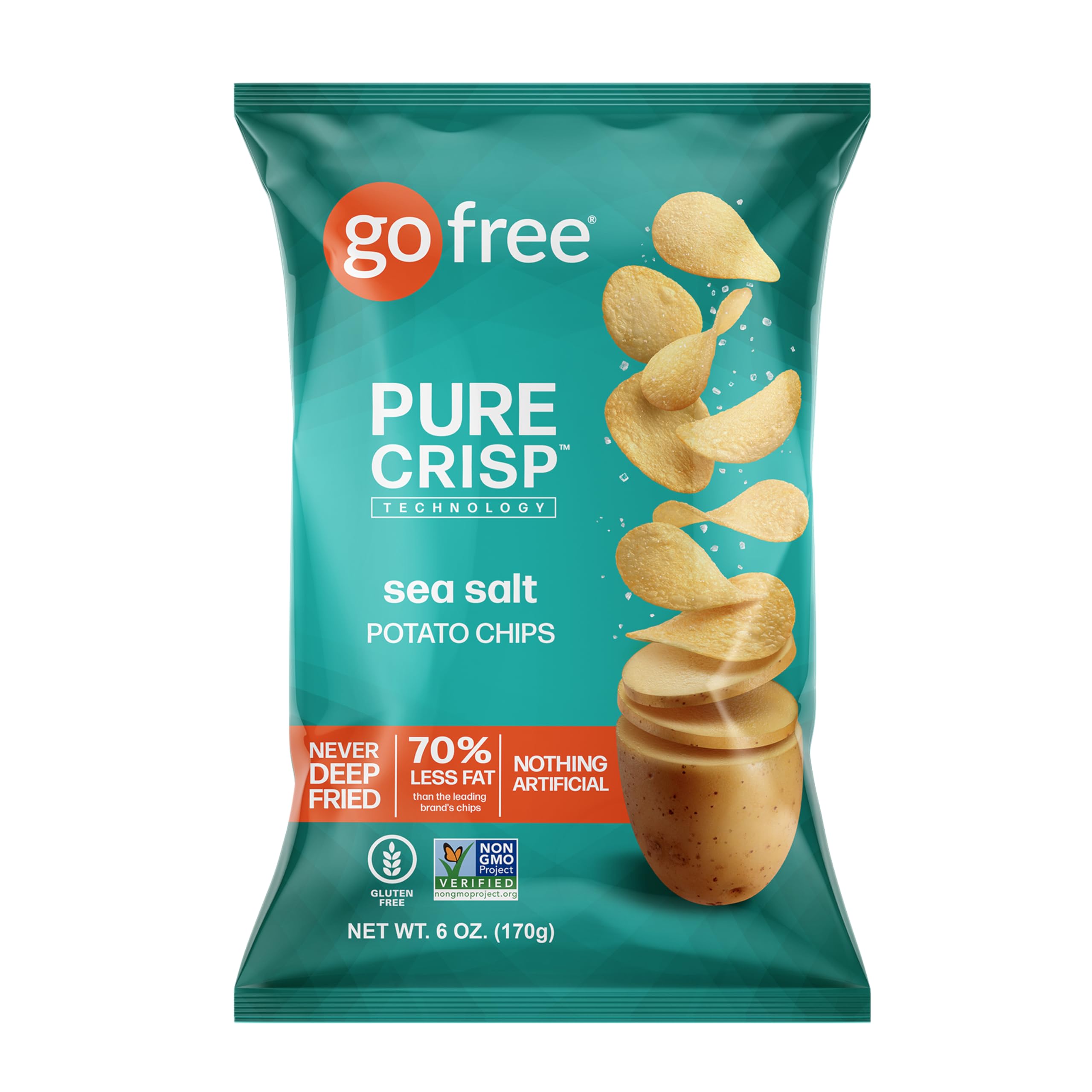 GO FREE Healthy Potato Chips - Low Fat, Gluten Free Vegan Snacks Made with Real Potatoes - Sea Salt Flavor - 6 oz Bags (6-Pack) - Perfect for School Lunches, Office Snacks & Road Trips