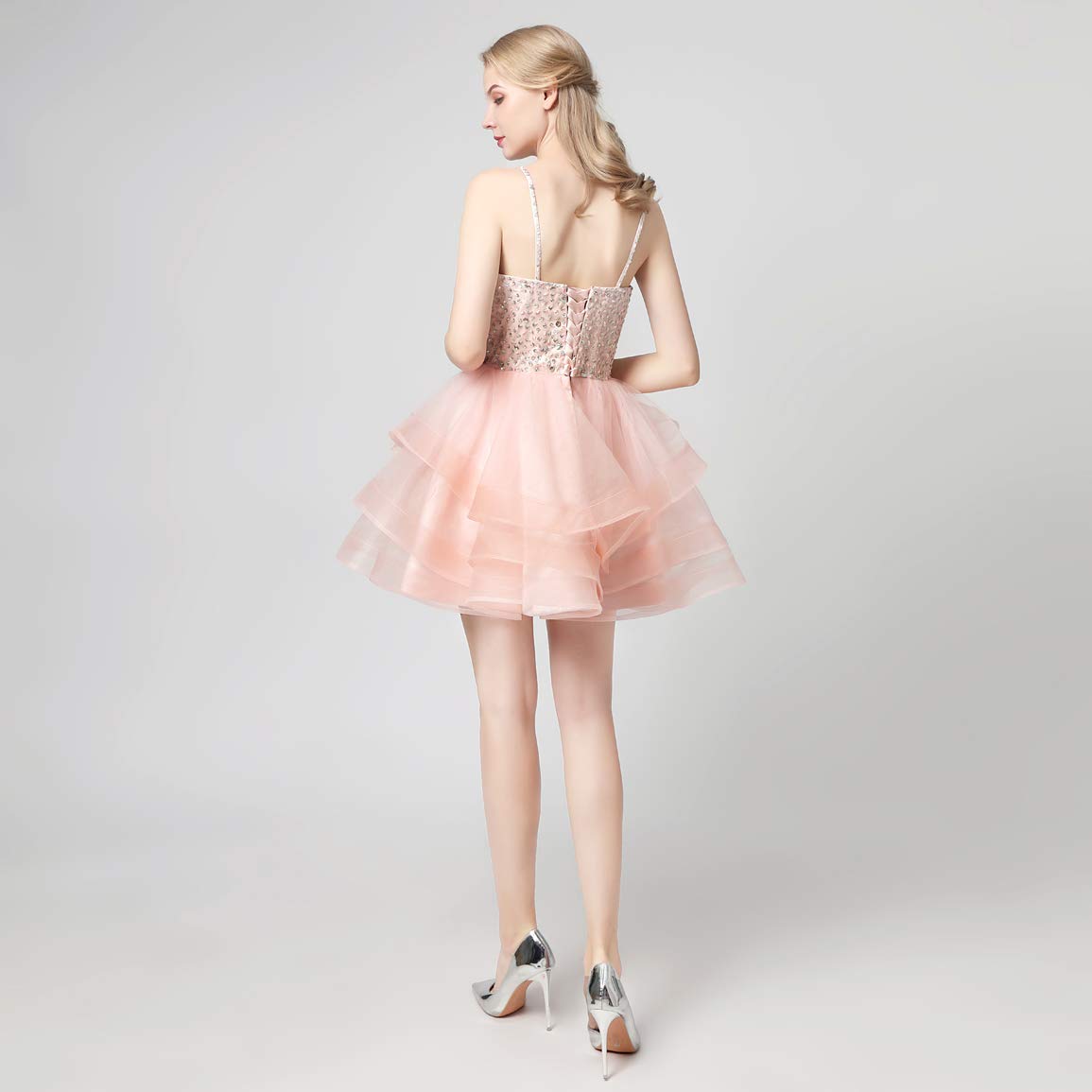 Adela Women's V-Neck Beaded Homecoming Dress with Sequins & Tulle - Short Prom Cocktail Party Gown AR121 in Light Pink | Perfect for Homecoming, Prom, Cocktail Parties & Special Occasions