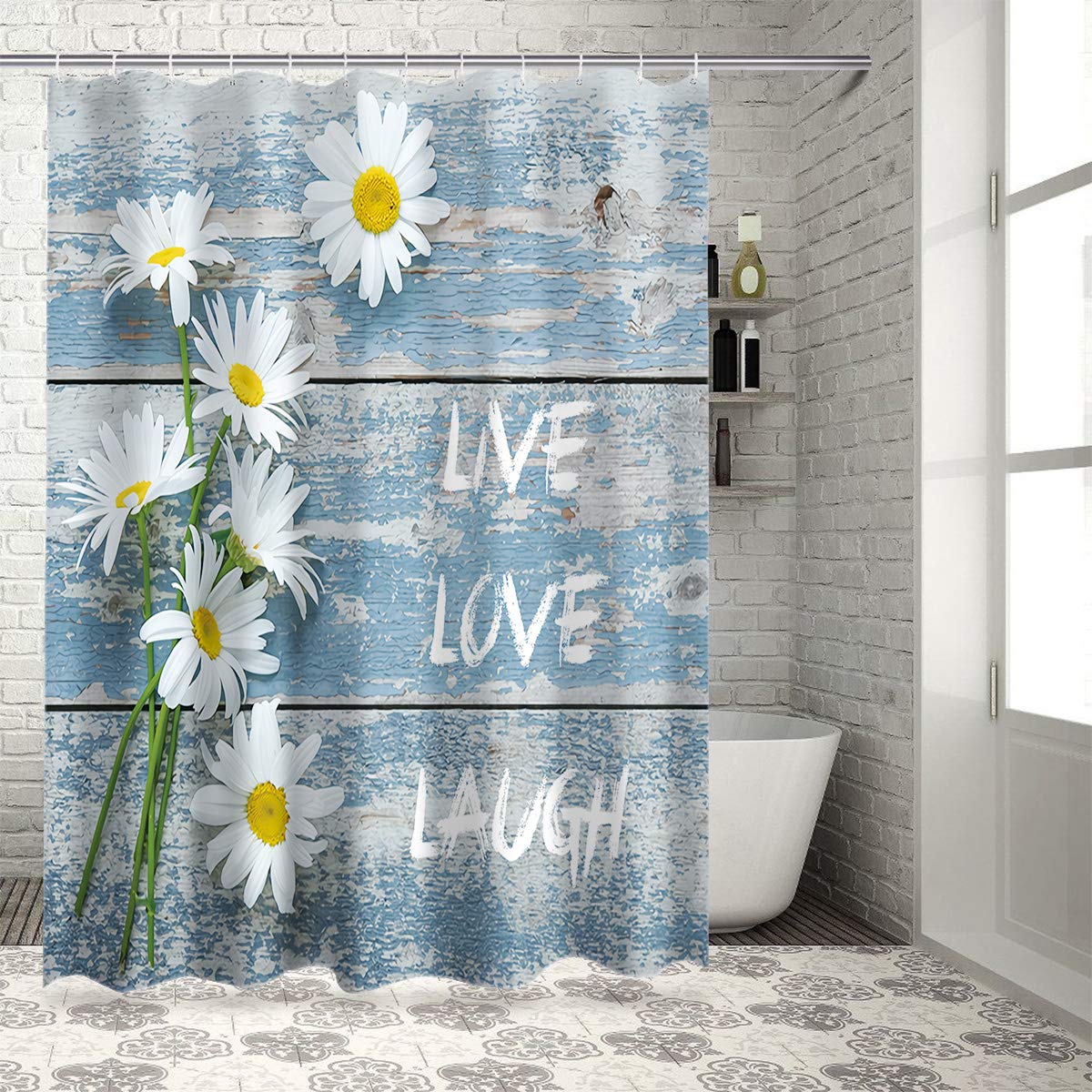 White Daisy Live Love Laugh Bath Shower Curtain - Waterproof Polyester Fabric Bathroom Decor with Rustic Blue Wood Plank Design (54x78 inches) - Perfect for Farmhouse, Cottage & Vintage Style Bathrooms
