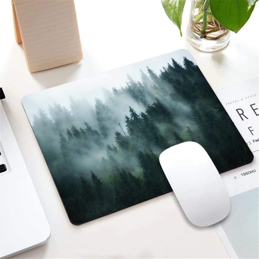 Misty Forest Mouse Pad - Nature Pine Trees Scenic Foggy Mountain Landscape Non-Slip Rubber Base - 9.5×7.9×0.12 Inches Computer Mouse Pad for Wireless Mouse - Perfect for Office, Gaming & Home Workspace Decor