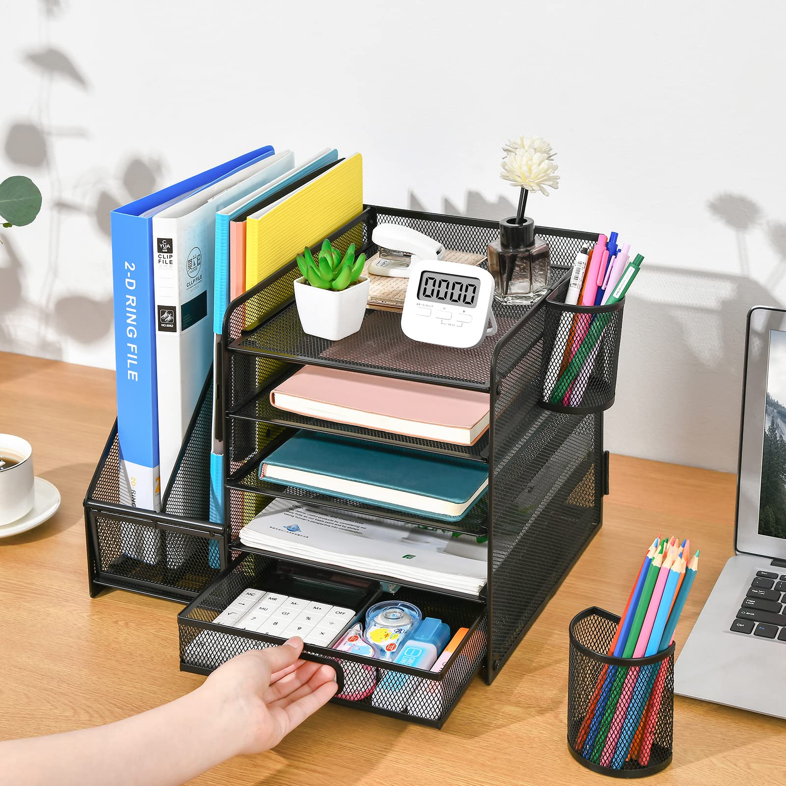 5-Tier Mesh Desk Organizer with File Holder, Drawer & Pen Holders - Black Office Storage Solution for Paper, Magazines & Supplies | Perfect for Home Office & Workspace Organization
