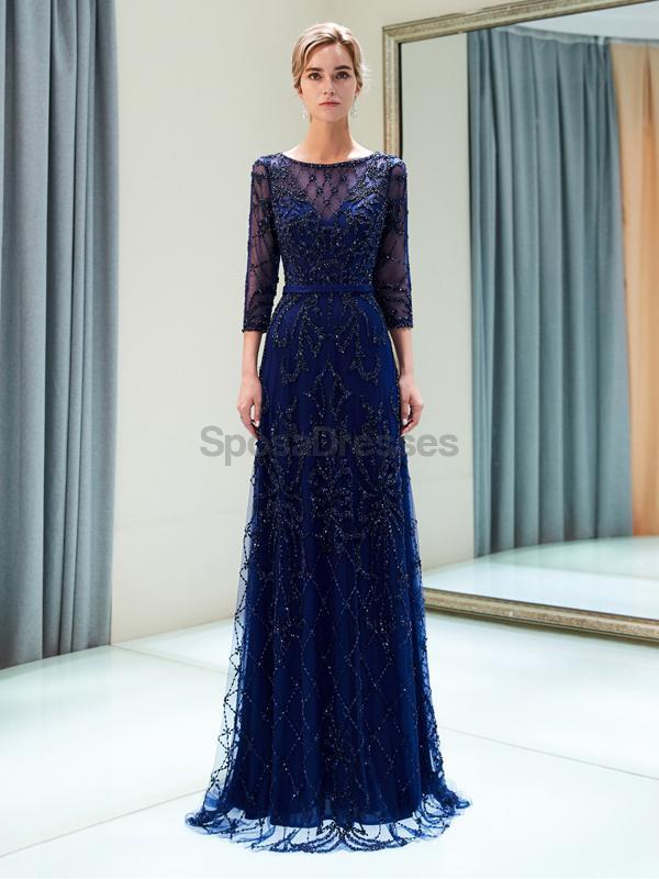 Elegant Navy Long Sleeve Lace Beaded Prom Dress for Evening Party & Formal Events - Perfect for Homecoming, Ball Gowns & Special Occasions - Style 12052