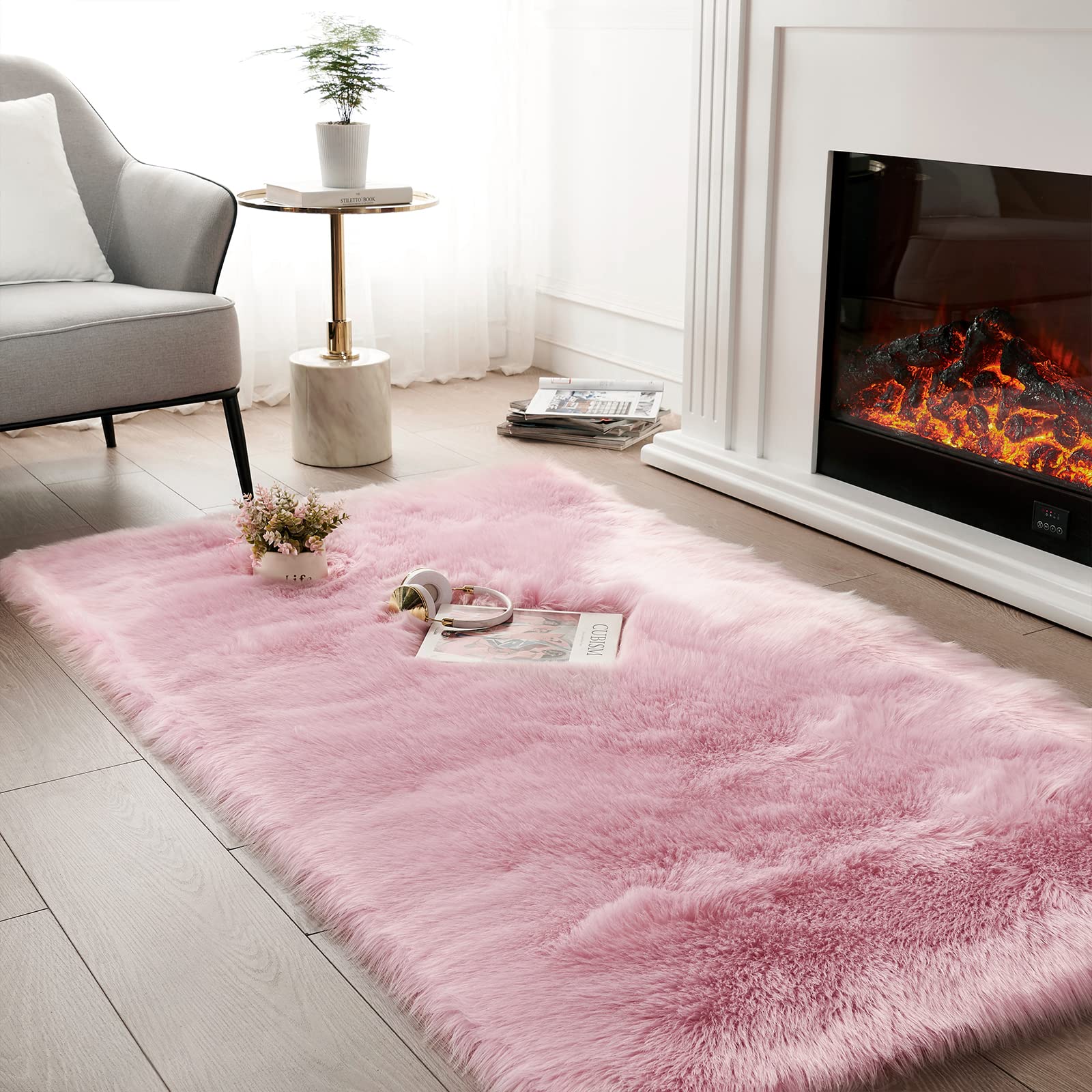 Ultra Soft Fluffy Faux Sheepskin Rug - Pink Shaggy Fuzzy Fur Rug 4x6 Feet for Bedroom & Living Room Decor - Cozy Accent Rug for Warmth & Style (Rectangle, Pink)
