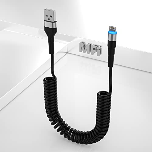 MFi Certified Coiled iPhone Lightning Cable - 3ft Short USB to Lightning Charger Cord for Apple CarPlay & Car Charging | Durable Fast Charging Cable for iPhone 13/12/11/X/8 & More | Perfect for Road Trips, Commuting & In-Car Use