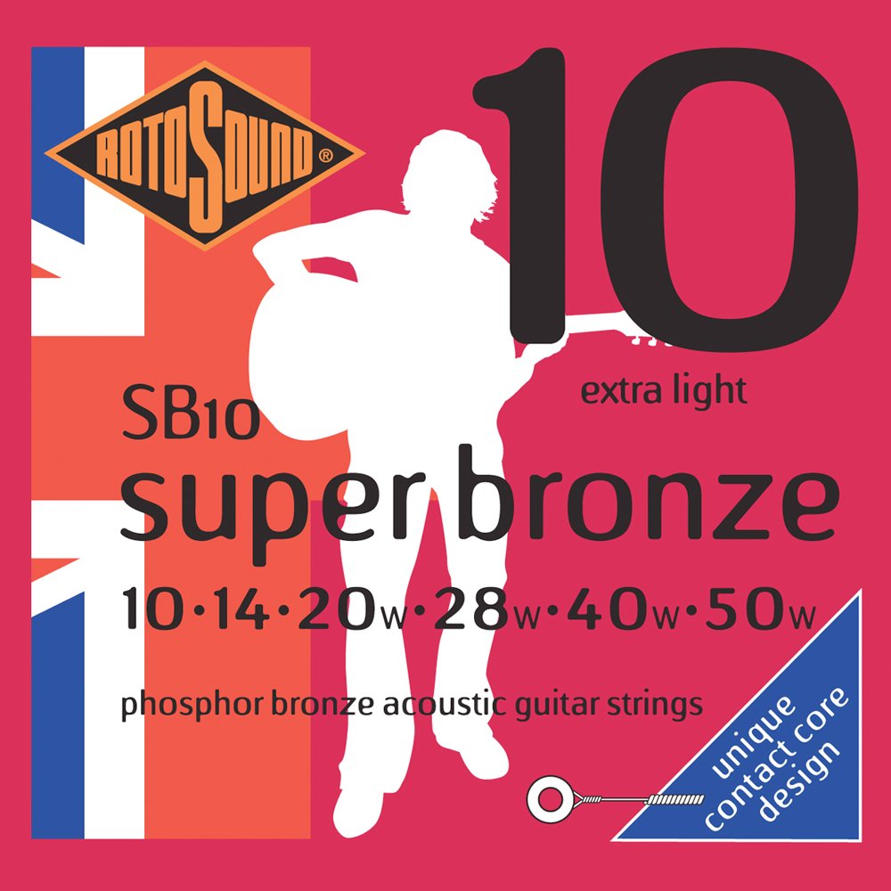 Rotosound SB10 Super Bronze Acoustic Guitar Strings (10-14-20-28-40-50 Gauge) - Premium Sound for Folk, Blues & Fingerstyle Playing