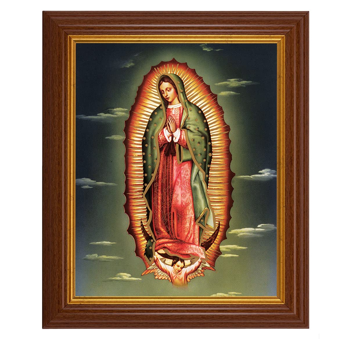 Our Lady of Guadalupe Framed Wall Art - Large Traditional Dark Walnut Fluted Frame with Gold Beaded Edge - Catholic Home Decor for Living Room, Bedroom & Prayer Space