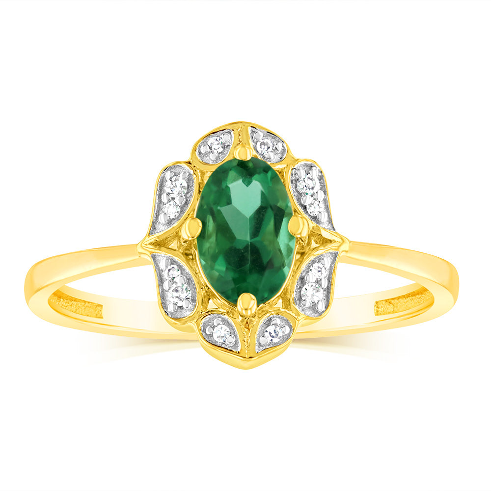 0.40 Carat Lab-Created Emerald and Diamond Oval Ring in 9K Yellow Gold - Elegant Engagement, Wedding, or Anniversary Jewelry Gift