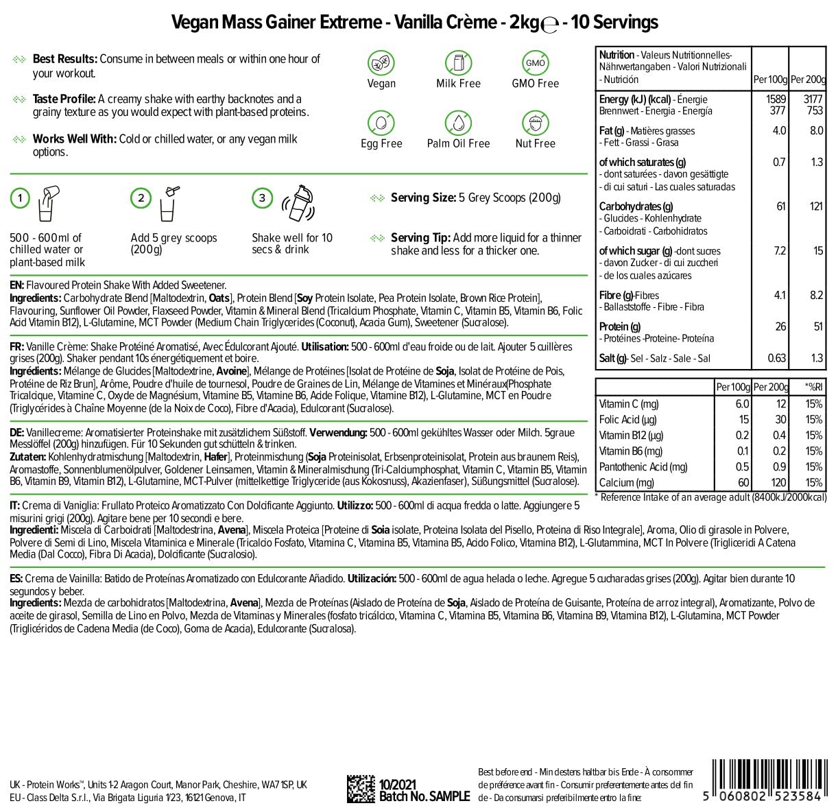 THE PROTEIN WORKS Vegan Extreme Mass Gainer Powder - High Calorie Vanilla Creme Protein Shake for Weight Gain with Vitamins & Minerals (2kg) | Post-Workout Recovery & Muscle Building Supplement