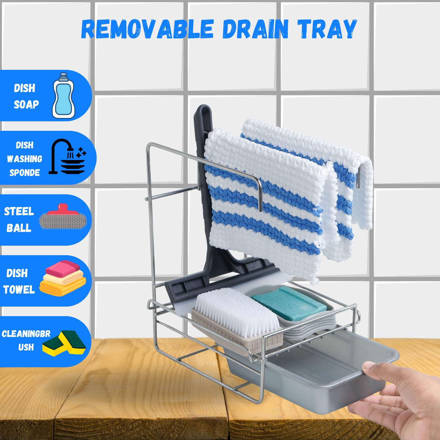 Premium Stainless Steel Sink Organizer with Drip Tray & Adhesive Sticker - Countertop Kitchen Sink Rack for Sponge, Soap & Utensils - Space Saving Bathroom & Kitchen Organizer for Tidy Home (Ideal for Small Apartments & RVs)