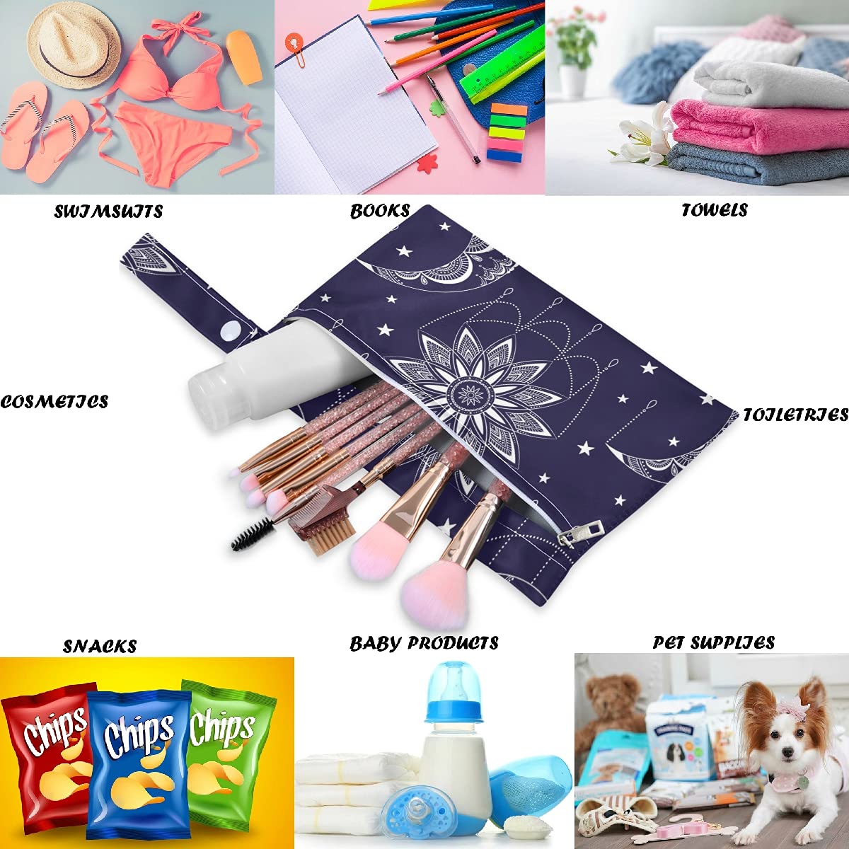 Visesunny Vintage Moonsun 2-Pack Waterproof Wet Bags with Zipper Pockets - Reusable Washable Diaper Bag for Travel, Beach, Daycare, Gym & Swimming - Perfect for Strollers, Dirty Clothes, Swimsuits & Toiletries Organization