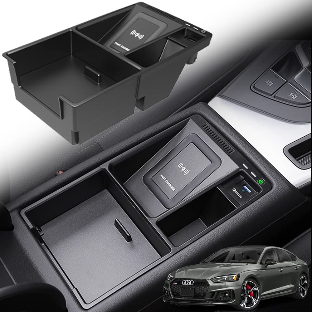 15W Qi Fast Wireless Car Charger for Audi A4 S4 RS4 A5 S5 RS5 (2017-2022 Models) - Armrest Insert Charging Pad with Storage Box | Perfect for Commuting, Road Trips & Hands-Free Charging
