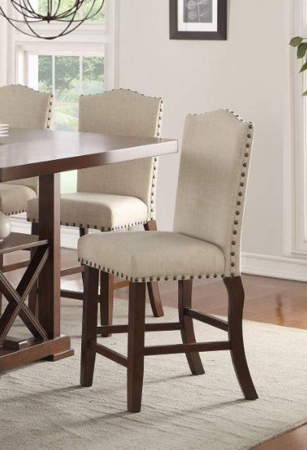 Classic Cream Upholstered Cushion Dining Chairs Set of 2 - Counter Height with Nailhead Trim & Solid Wood Legs - Perfect for Kitchen Island, Breakfast Nook & Small Dining Spaces