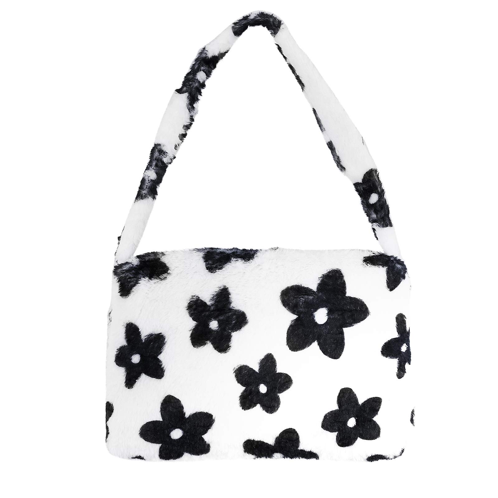 ABOOFAN Women's Plush Cow Print Shoulder Bag - Faux Fur Clutch Handbag, Crossbody Purse & Tote in Black & White | Winter Fashion Accessory, Holiday Gift, Party Outfit Essential, Casual Everyday Use