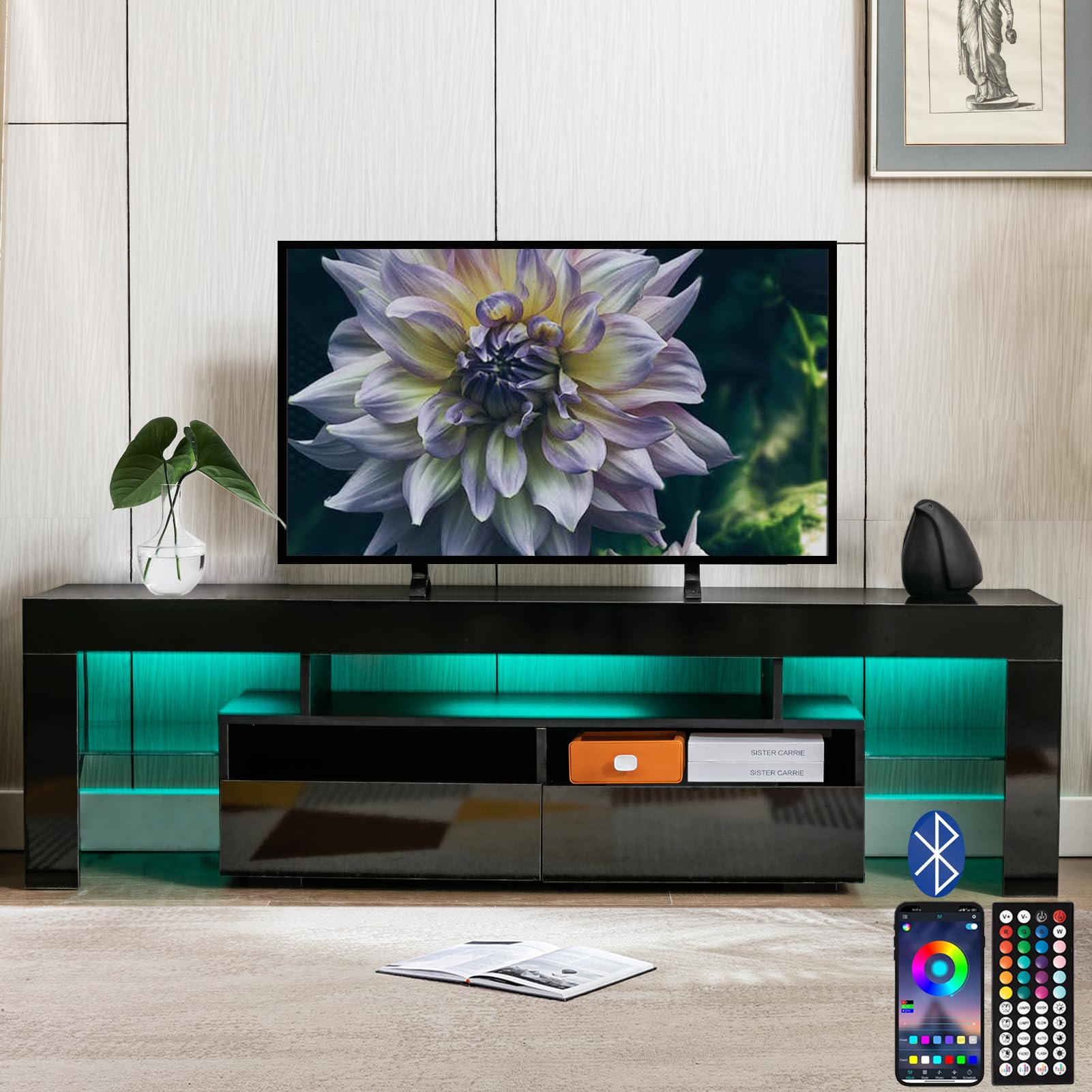 Vinctik 6&Fox 63-Inch Black LED TV Stand for 55/60/65 Inch TVs - Modern Entertainment Center with 2 Storage Drawers & LED Lighting - High Gloss TV Console Media Furniture for Living Room, Bedroom & Home Theater