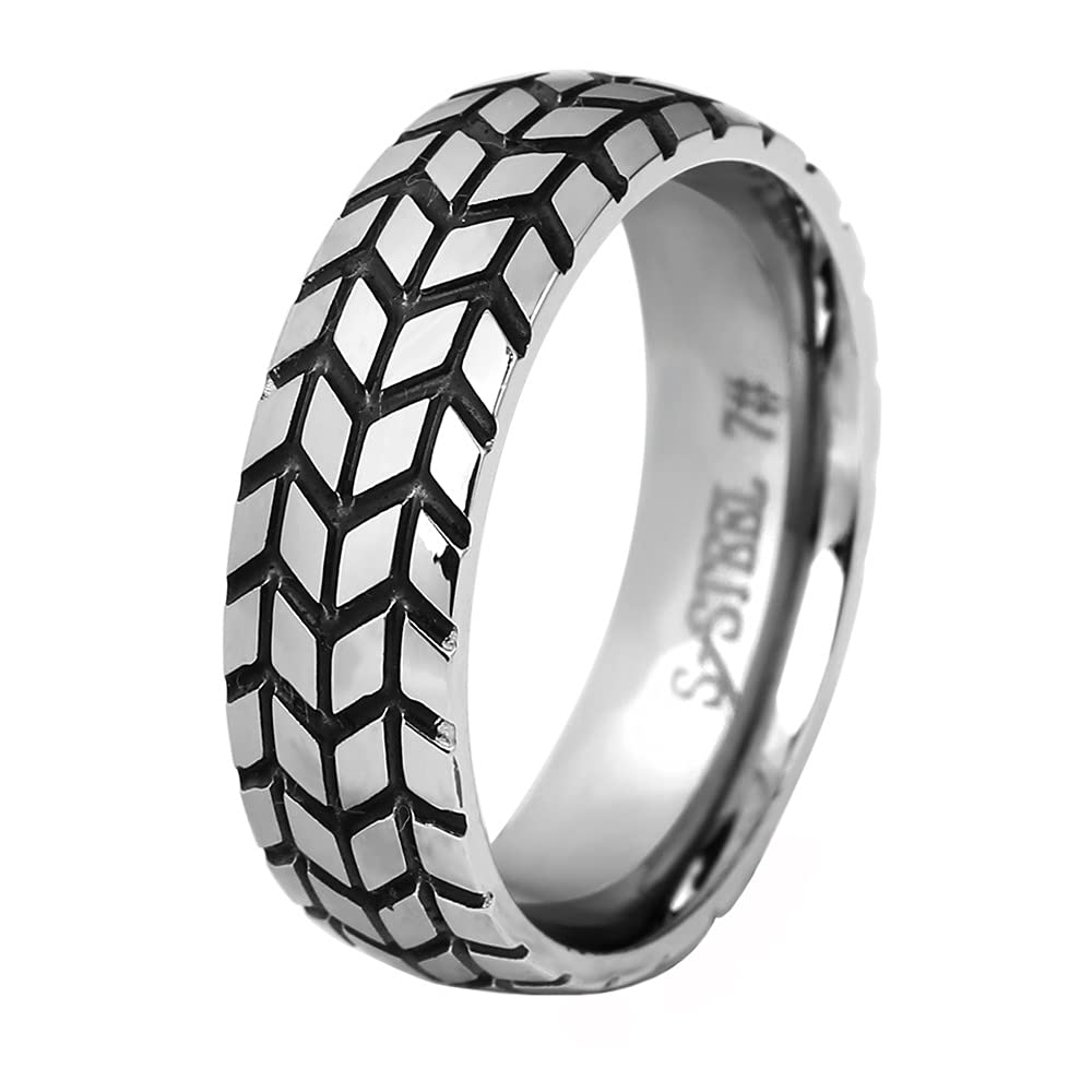6mm Stainless Steel Tire Tread Motorcycle Band Ring for Men - Rugged Biker Jewelry for Everyday Wear & Motorcycle Enthusiasts