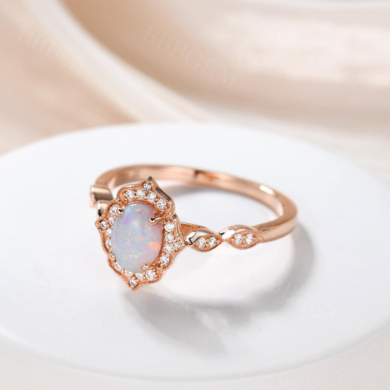 Vintage Floral Oval Cut Opal Engagement Ring with Halo Rose Gold Marquise 1/4 Diamond Band - Perfect for Wedding, Proposal & Anniversary Gifts