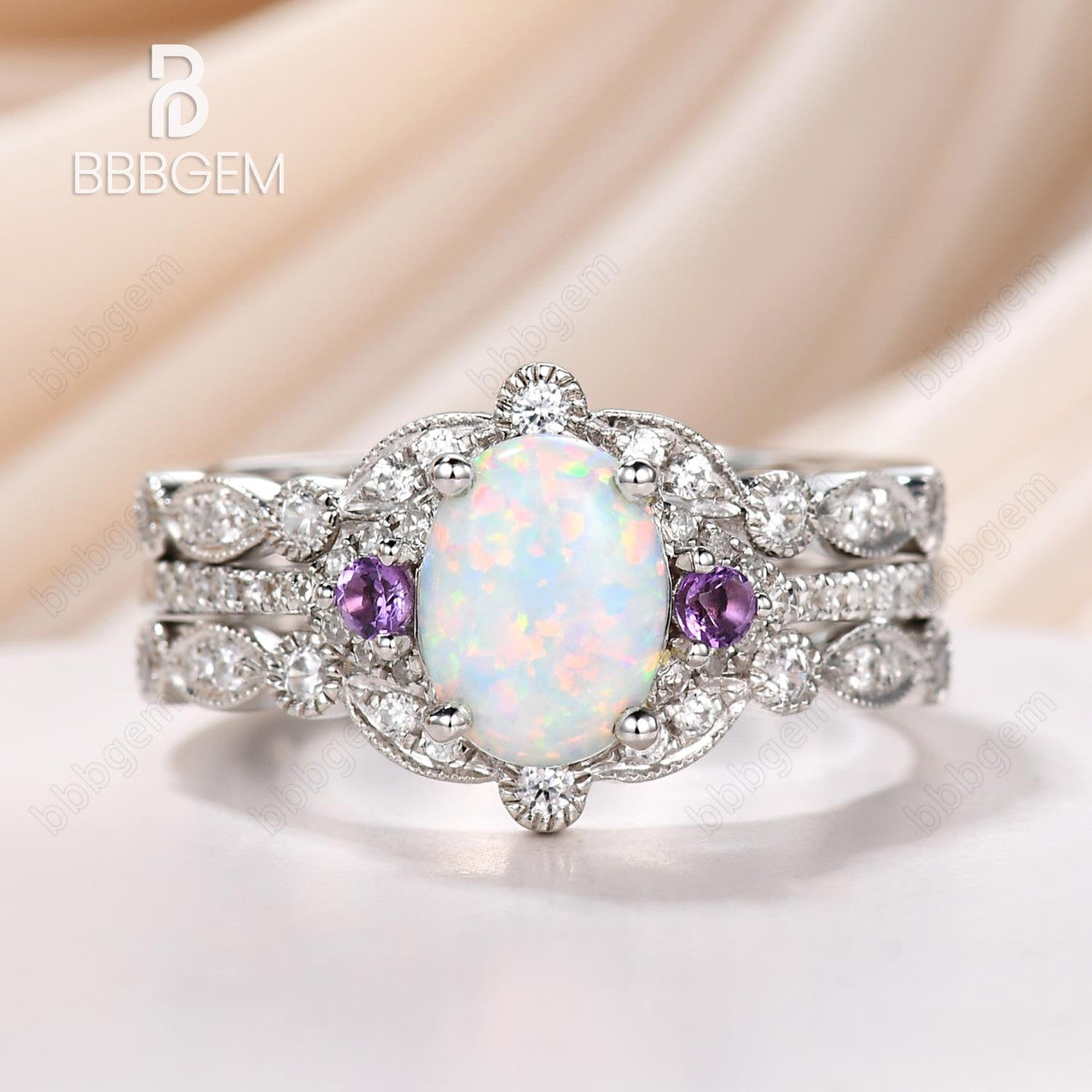 14K White Gold Oval Opal Moissanite Engagement Ring - Art Deco Double Curve Enhancer Wedding Band for Women, Perfect for Proposals, Anniversaries & Bridal Jewelry