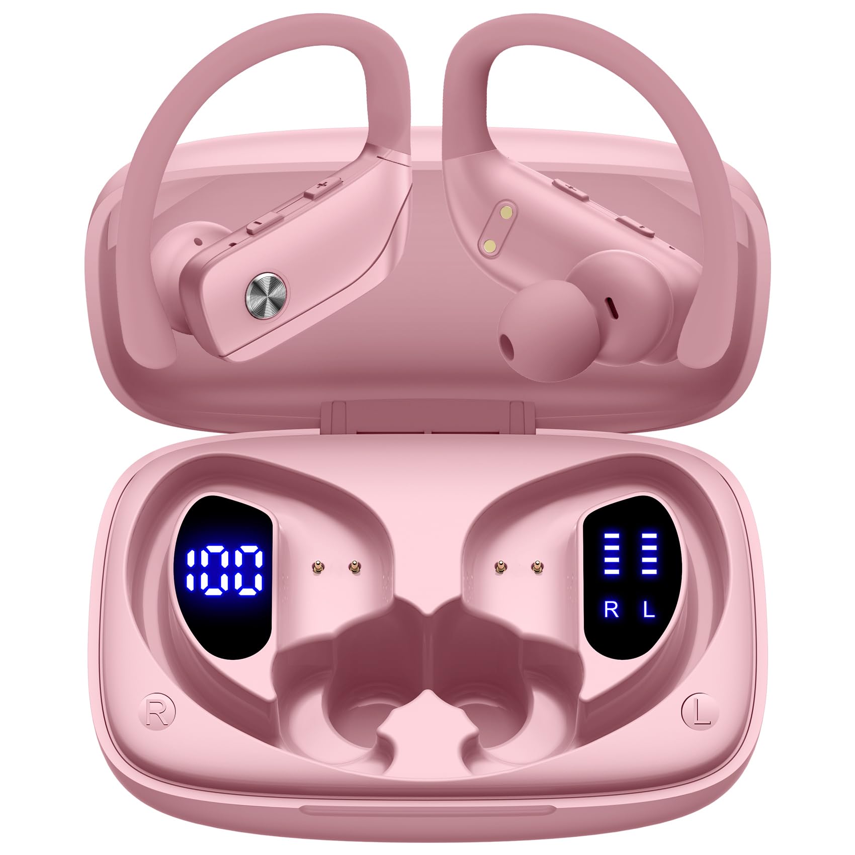 Bmani Wireless Bluetooth Earbuds with LED Display - 48H Playtime, Built-in Mic, Secure Earhooks - Perfect for Workouts, Running & Gym - Pink Sports Headphones