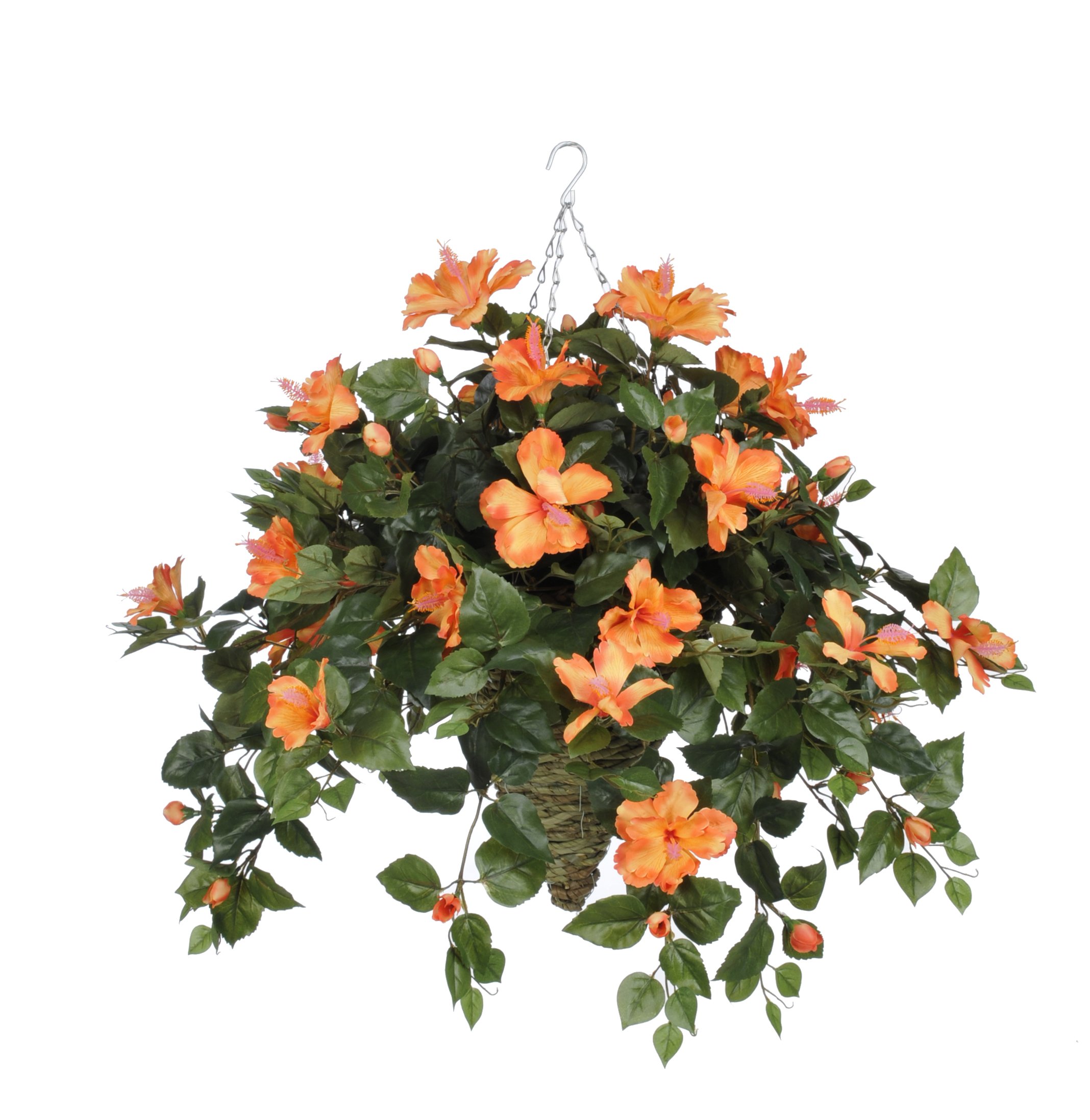 Artificial Orange Hibiscus Silk Flowers in Hanging Basket - Vibrant Home & Garden Decor for Patio, Porch, and Outdoor Spaces